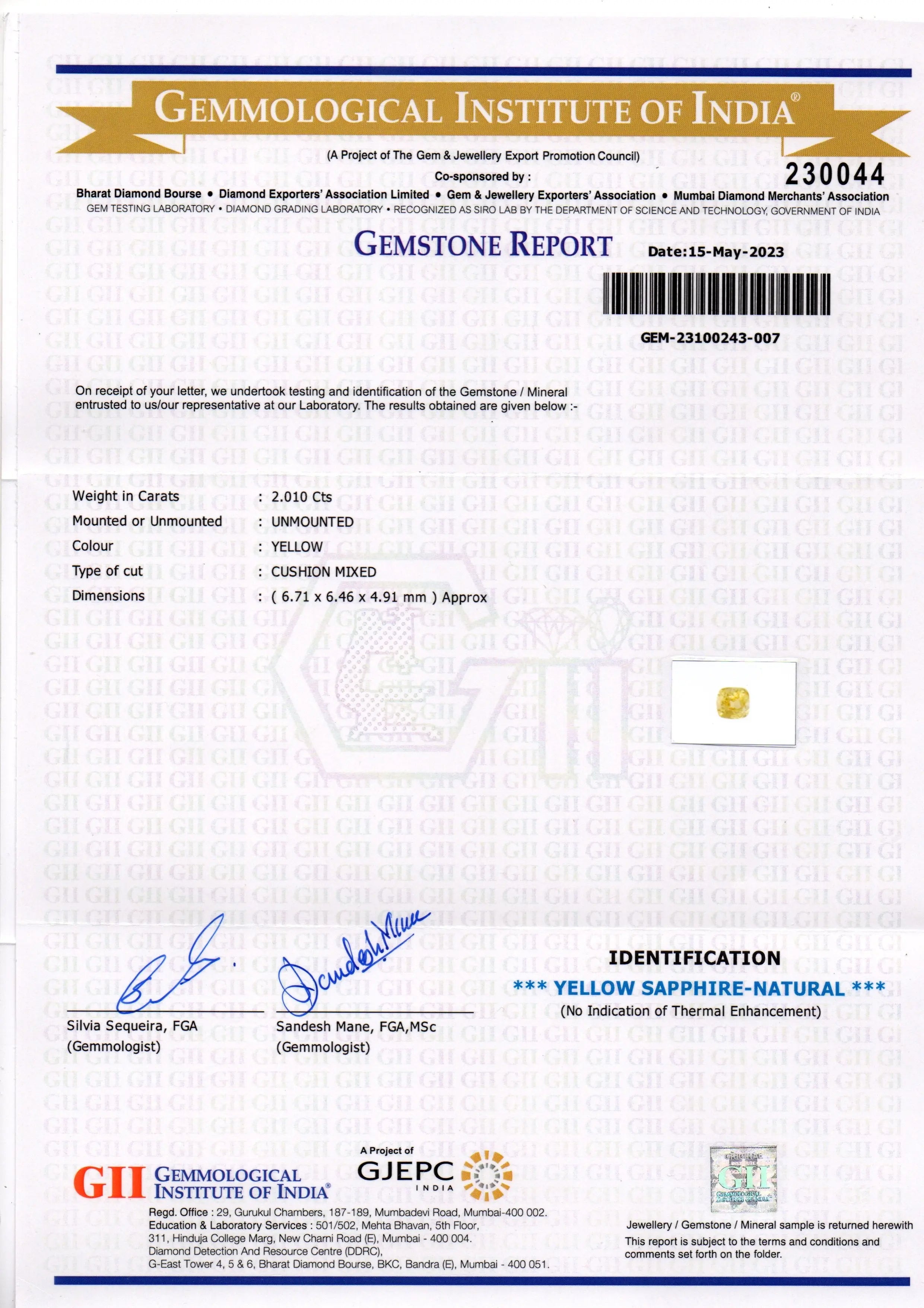 2.01 Ct GII Certified Unheated Untreated Natural Ceylon Yellow Sapphire