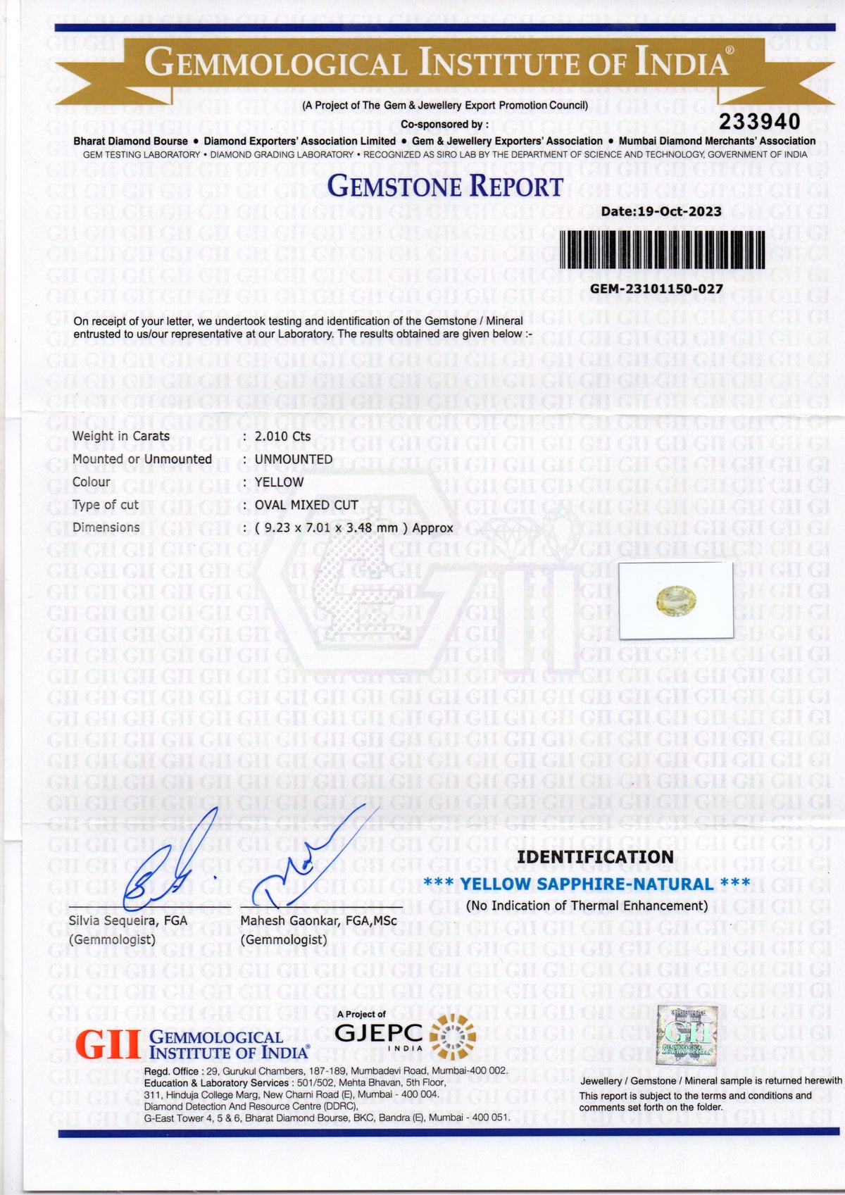 2.01 Ct GII-zertifizierter, unbehandelter, naturbelassener Ceylon Gelb-Saphir