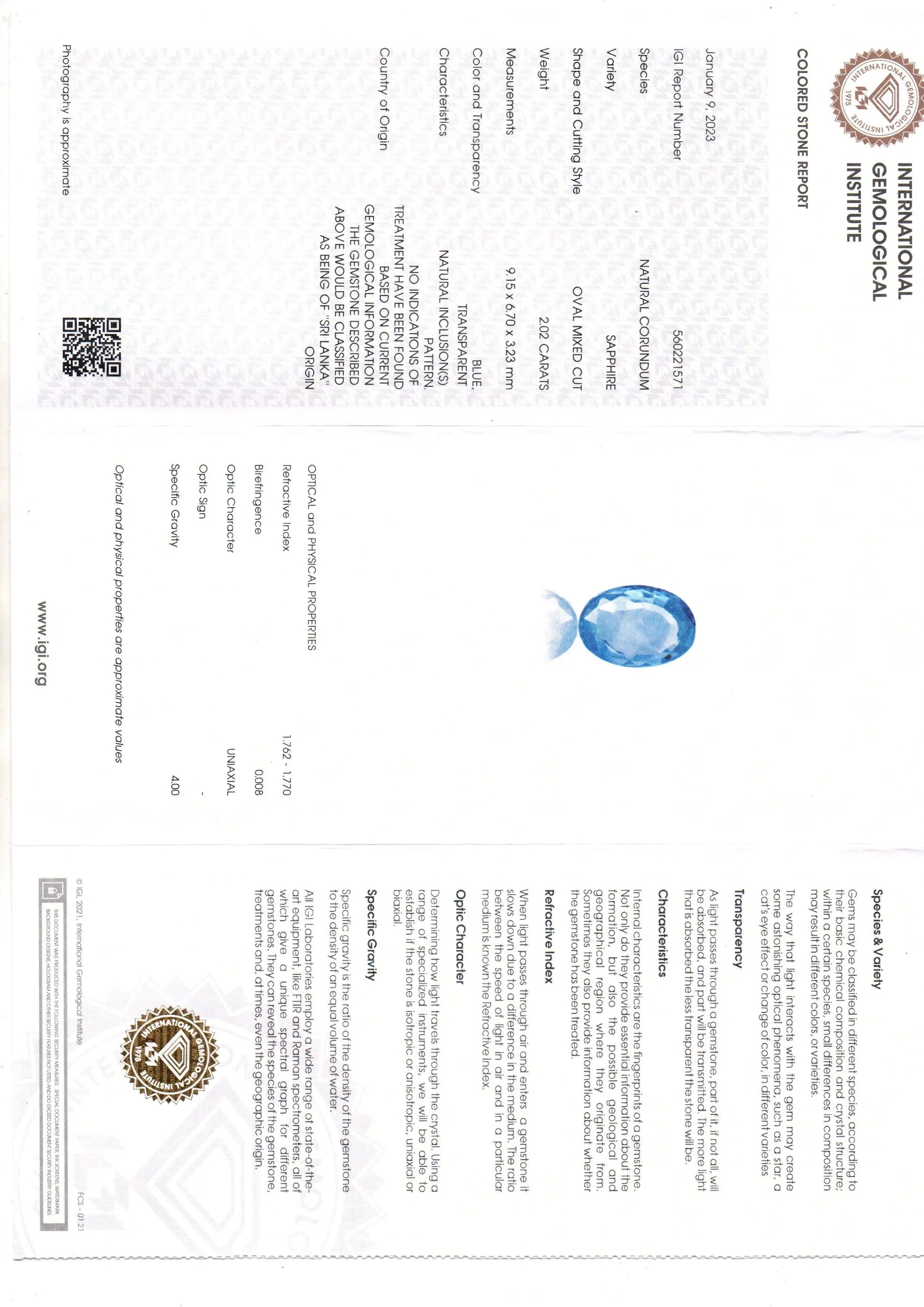 2.02 Ct IGI Certified Unheaated Untreated Natural Ceylon Blue Sapphire AA