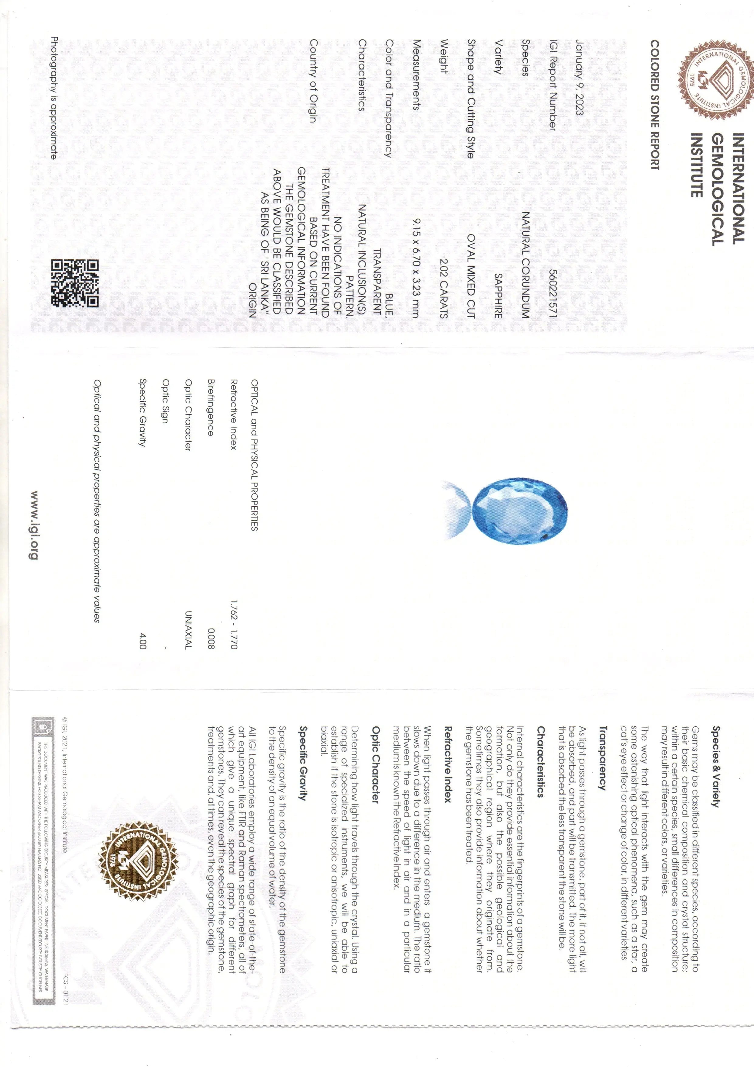 2.02 Ct IGI Certified Unheaated Untreated Natural Ceylon Blue Sapphire AA