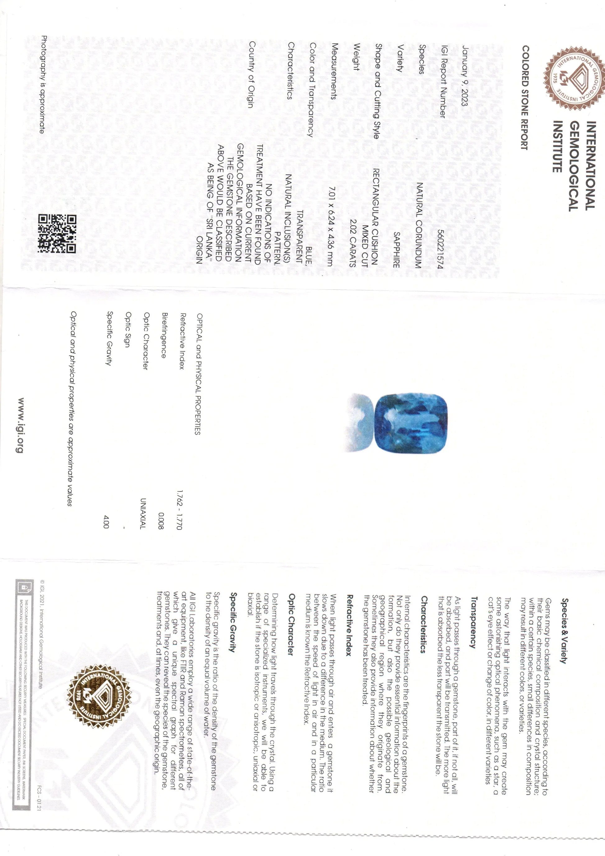 2.02 Ct IGI Certified Unheaated Untreated Natural Ceylon Blue Sapphire AA
