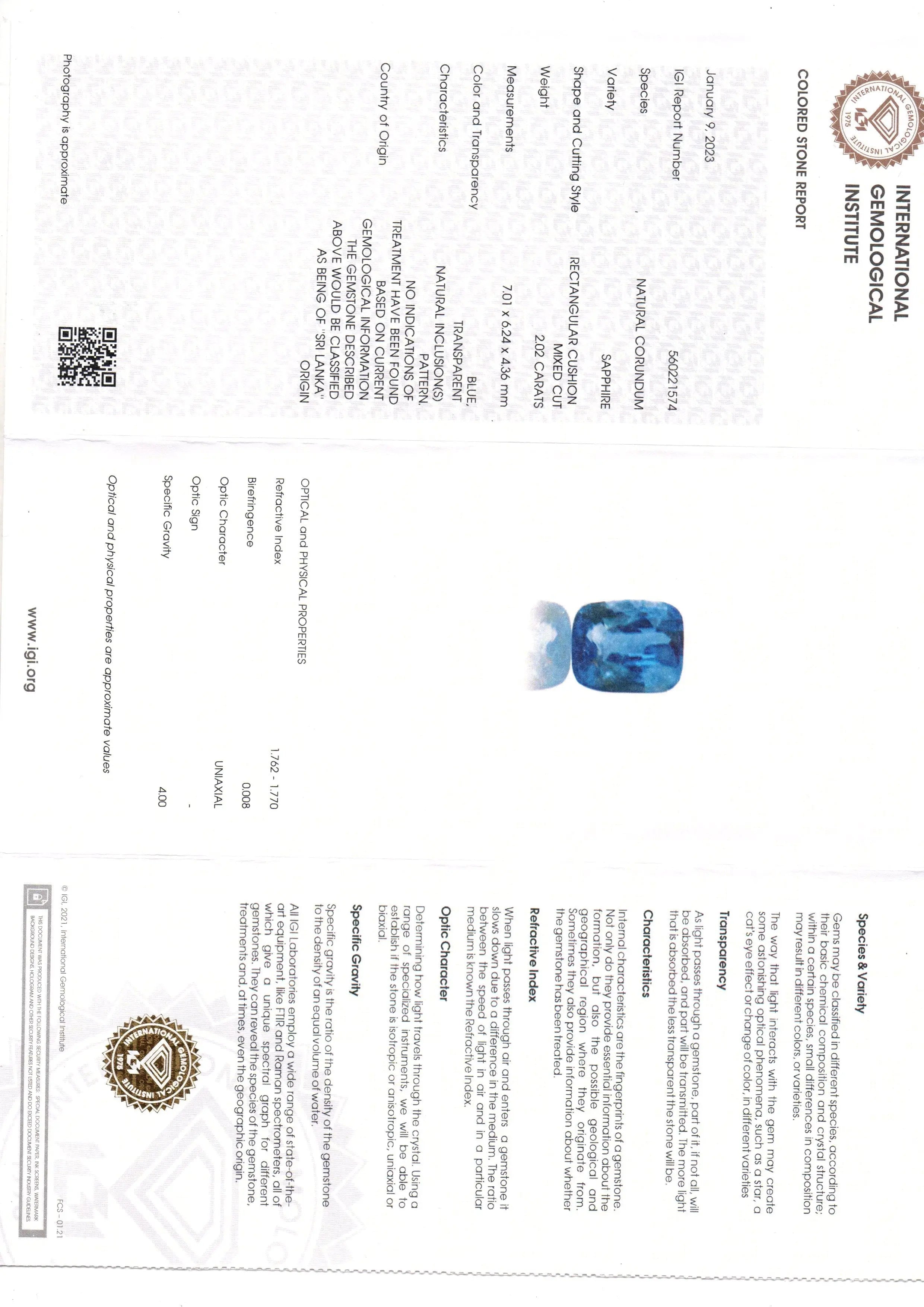 2.02 Ct IGI Certified Unheaated Untreated Natural Ceylon Blue Sapphire AA