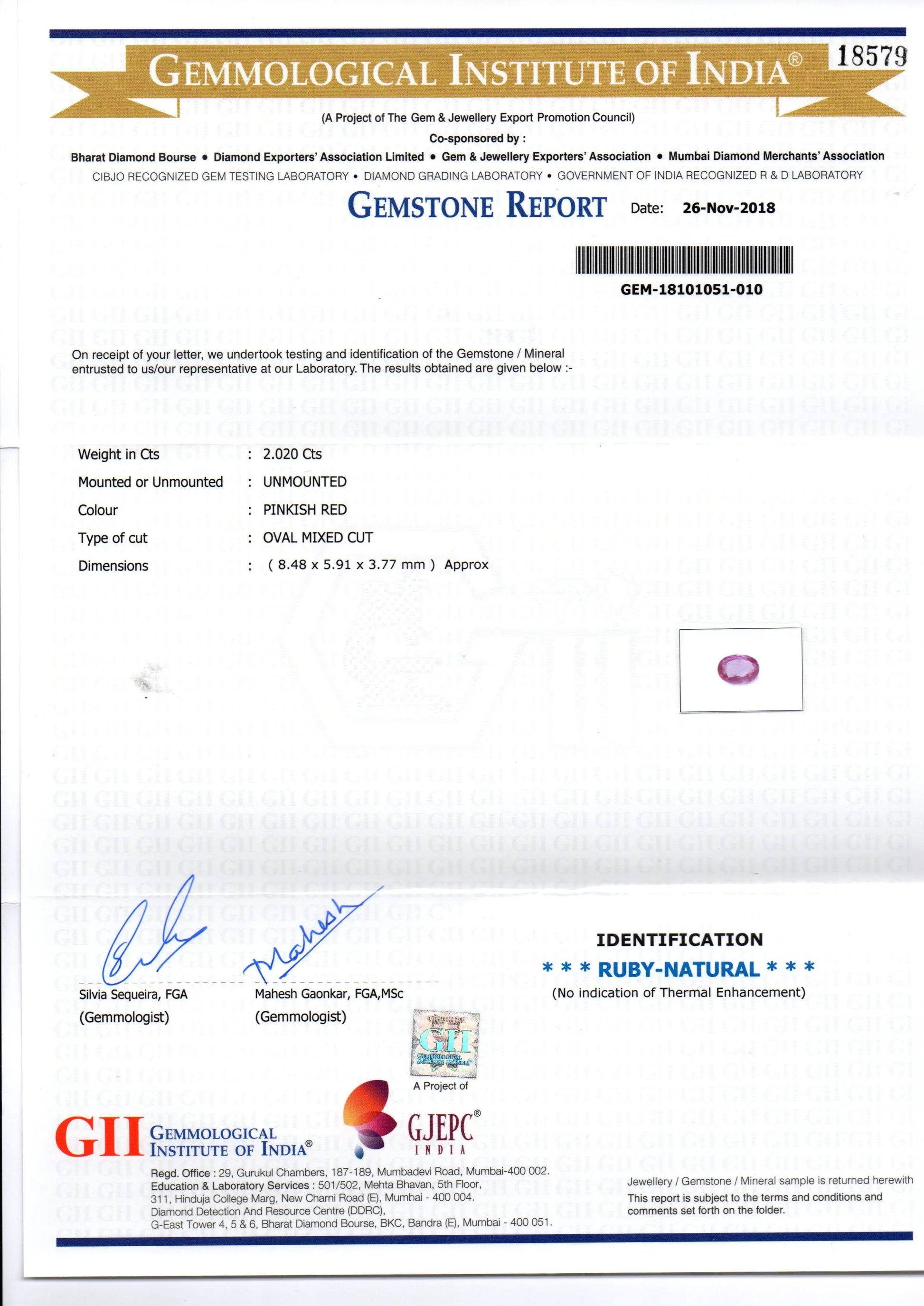 2.02 Ct GII Certified Unheated Untreated Natural Madagaskar Ruby AAA