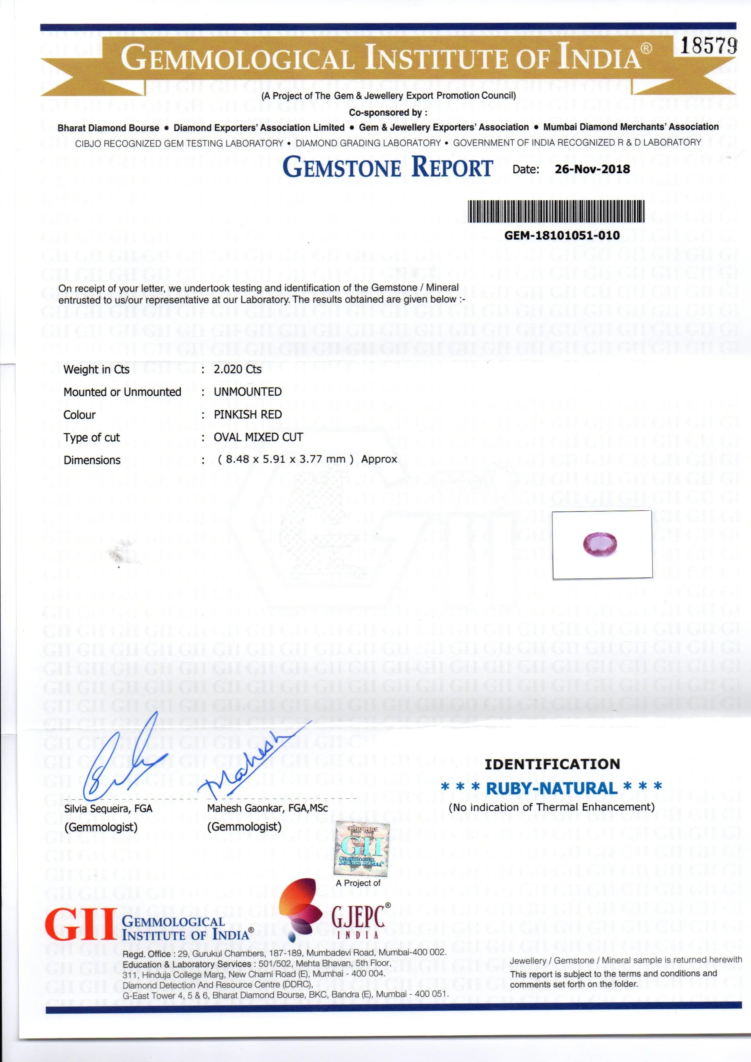 2.02 Ct GII Certified Unheated Untreated Natural Madagaskar Ruby AAA