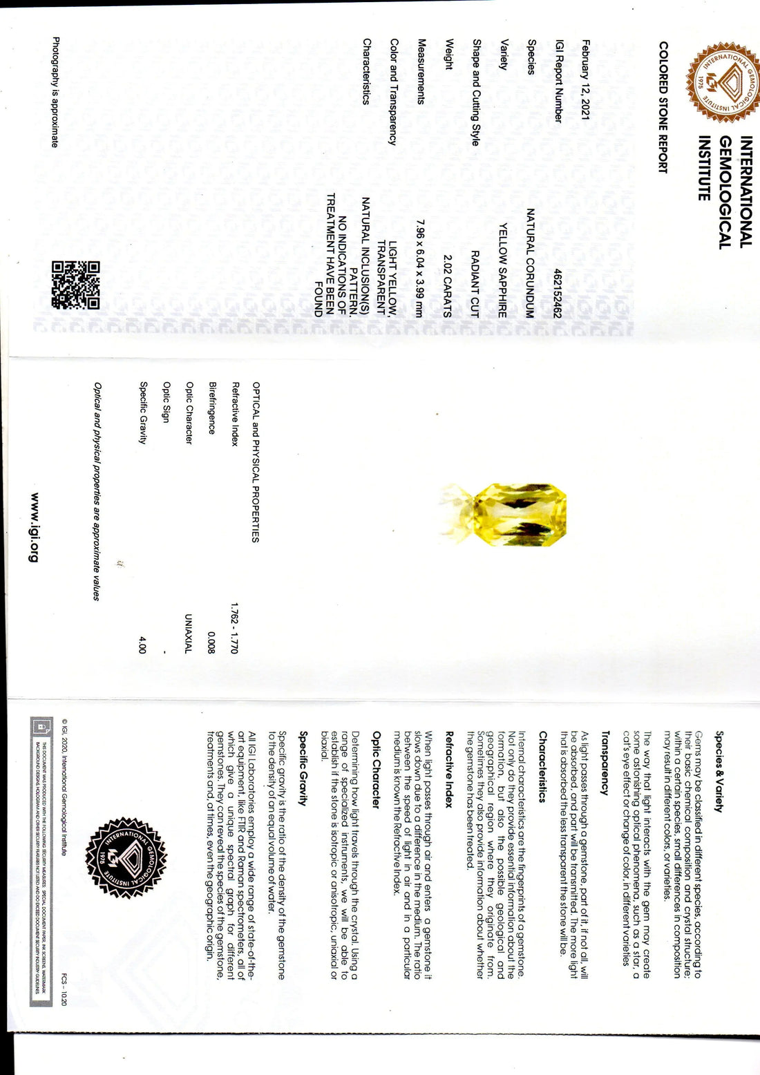 2.02 Ct IGI Certified Unheated Untreated Natural Ceylon Yellow Sapphire