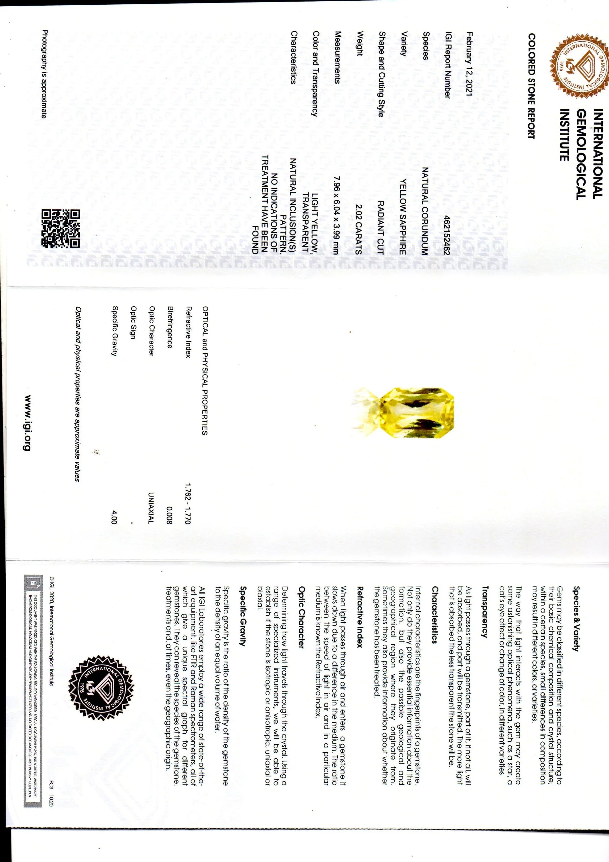 2.02 Ct IGI Certified Unheated Untreated Natural Ceylon Yellow Sapphire
