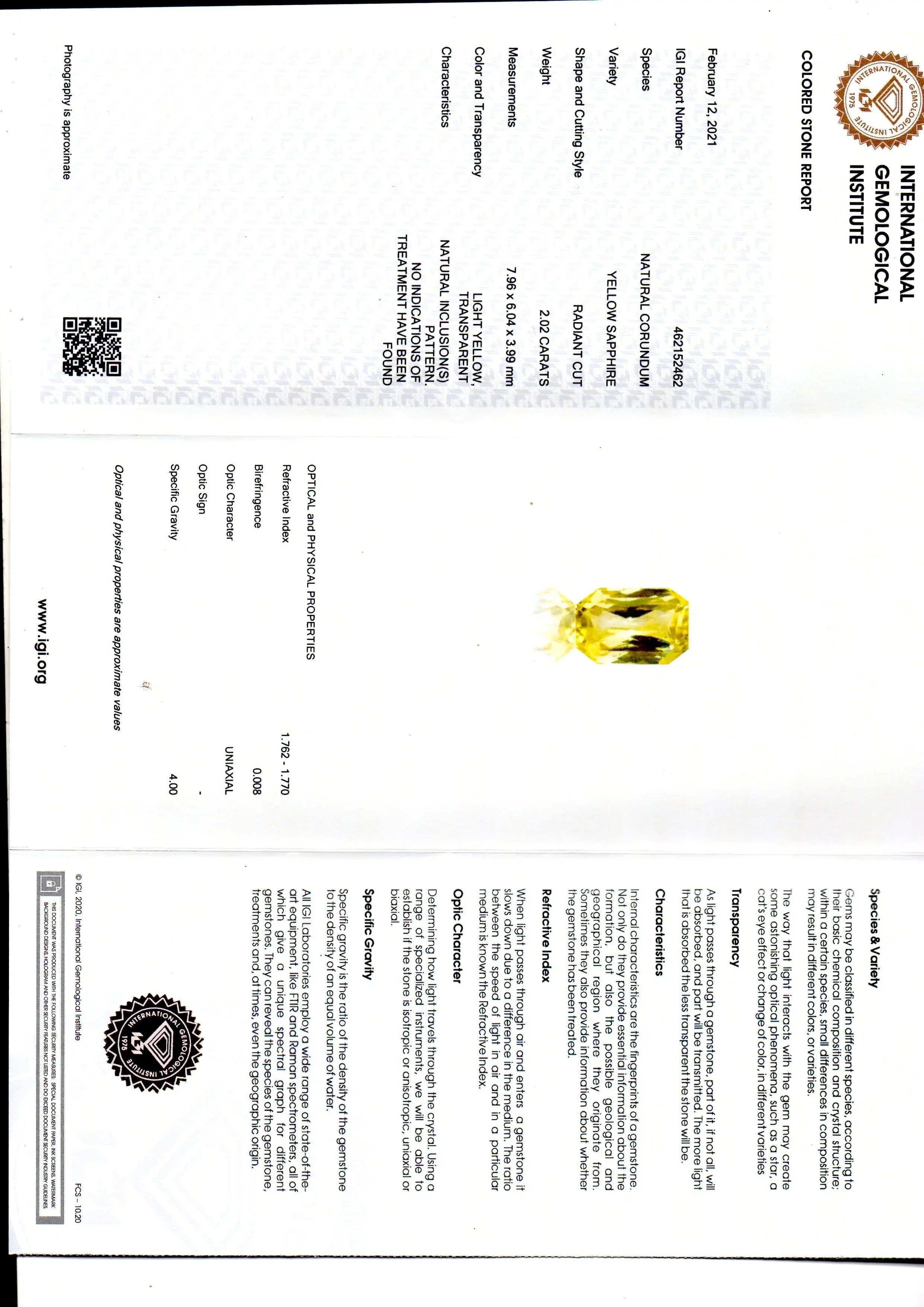 2.02 Ct IGI Certified Unheated Untreated Natural Ceylon Yellow Sapphire