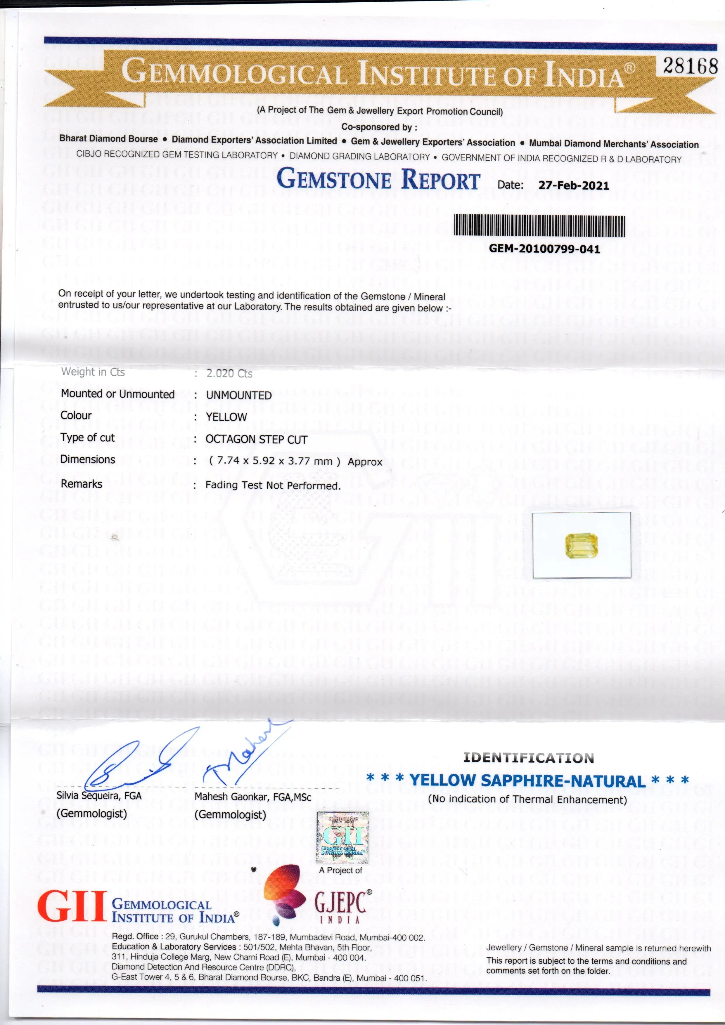 2.02 Ct GII Certified Unheated Untreated Natural Ceylon Yellow Sapphire AA
