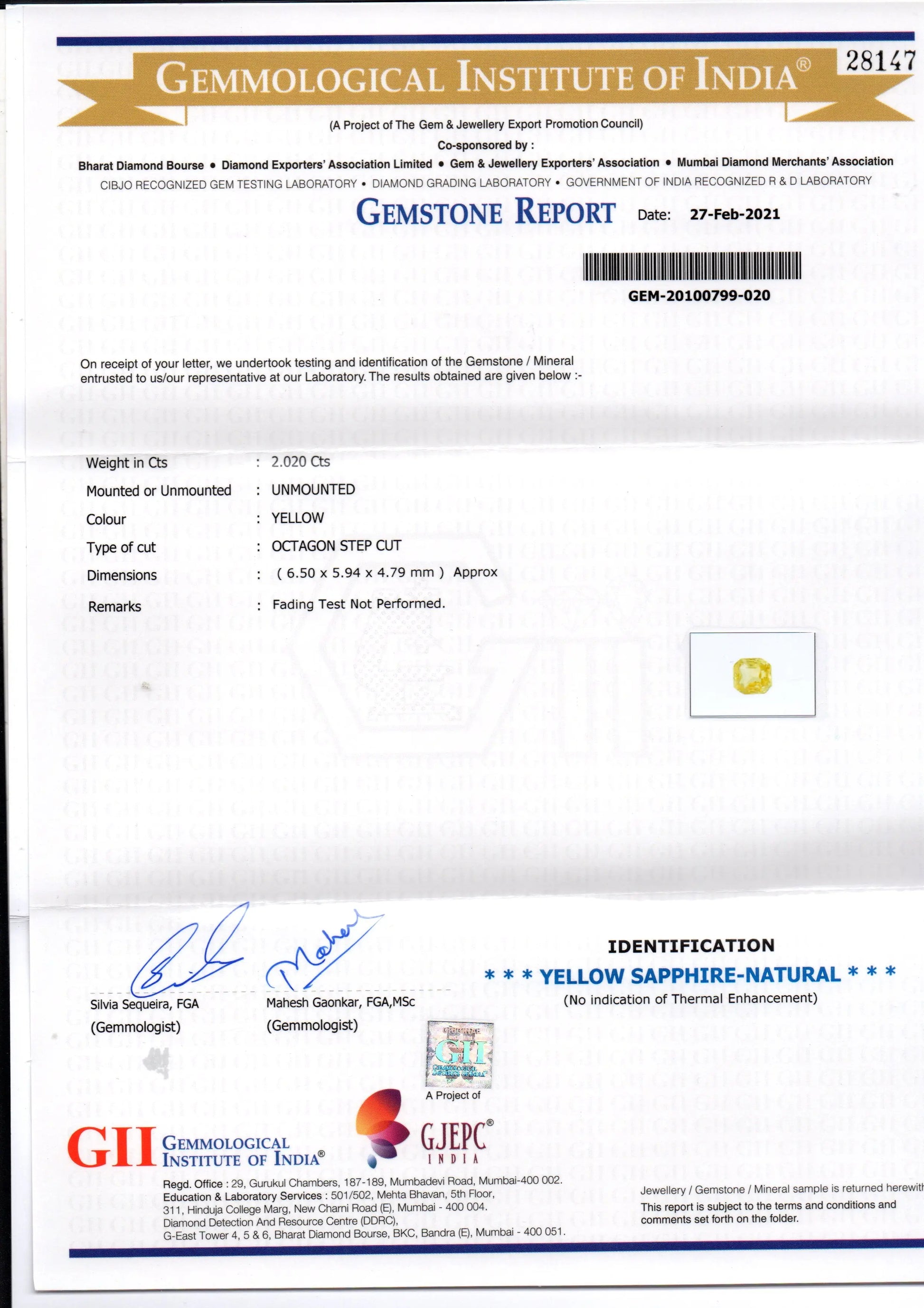 2.02 Ct GII Certified Unheated Untreated Natural Ceylon Yellow Sapphire AA