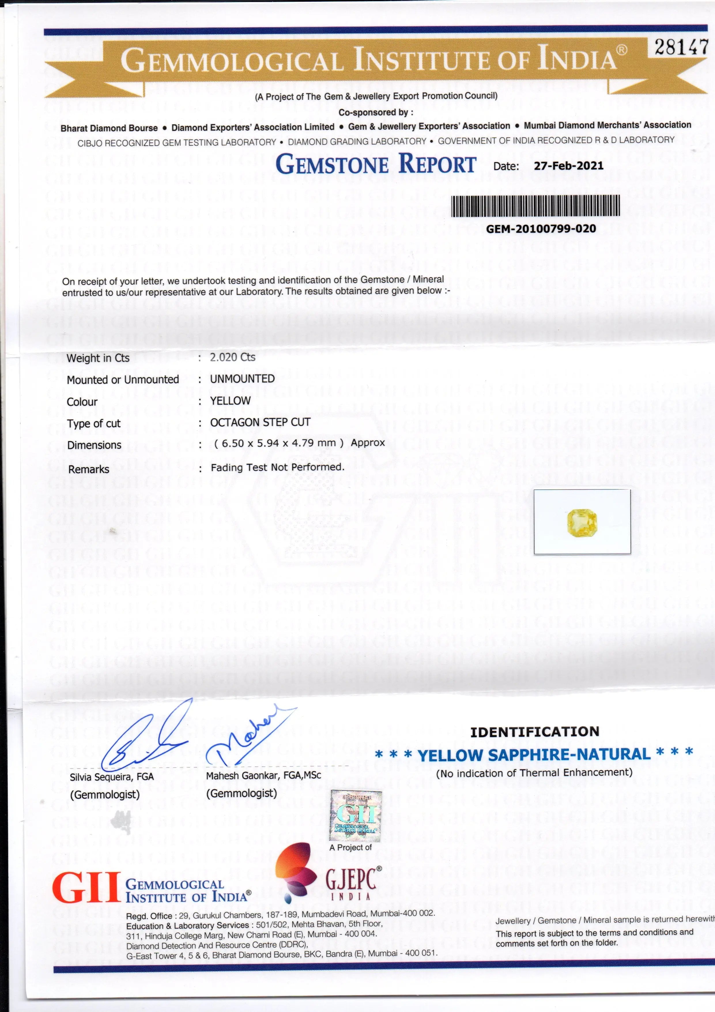 2.02 Ct GII Certified Unheated Untreated Natural Ceylon Yellow Sapphire AA