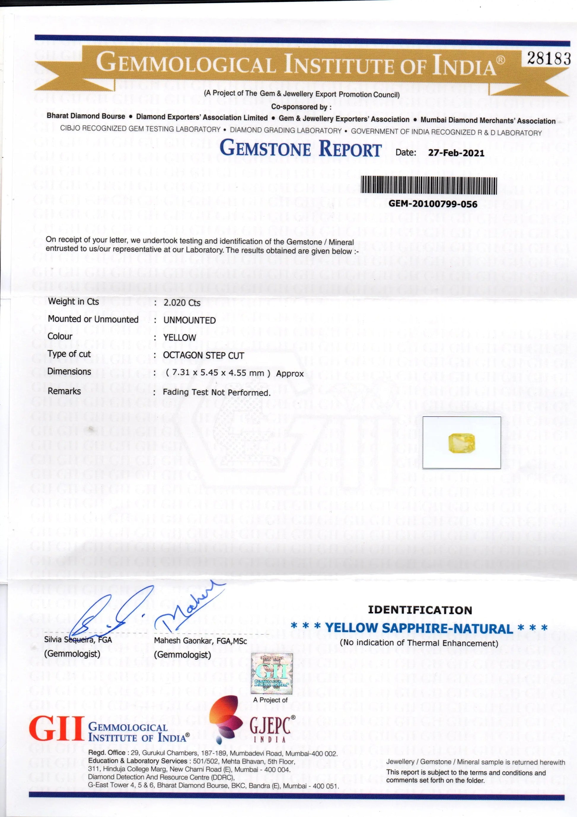 2.02 Ct GII Certified Unheated Untreated Natural Ceylon Yellow Sapphire AA