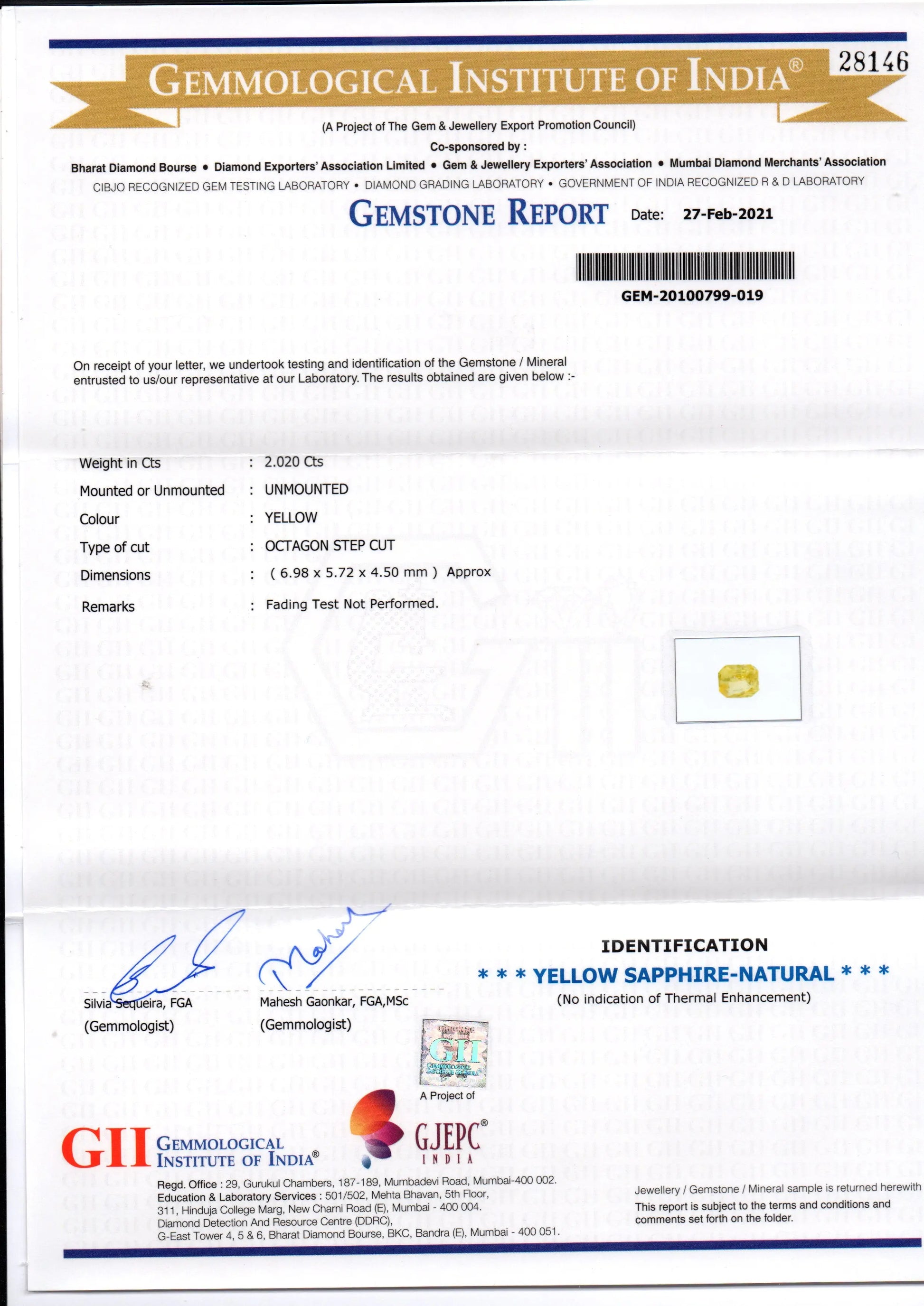 2.02 Ct GII Certified Unheated Untreated Natural Ceylon Yellow Sapphire