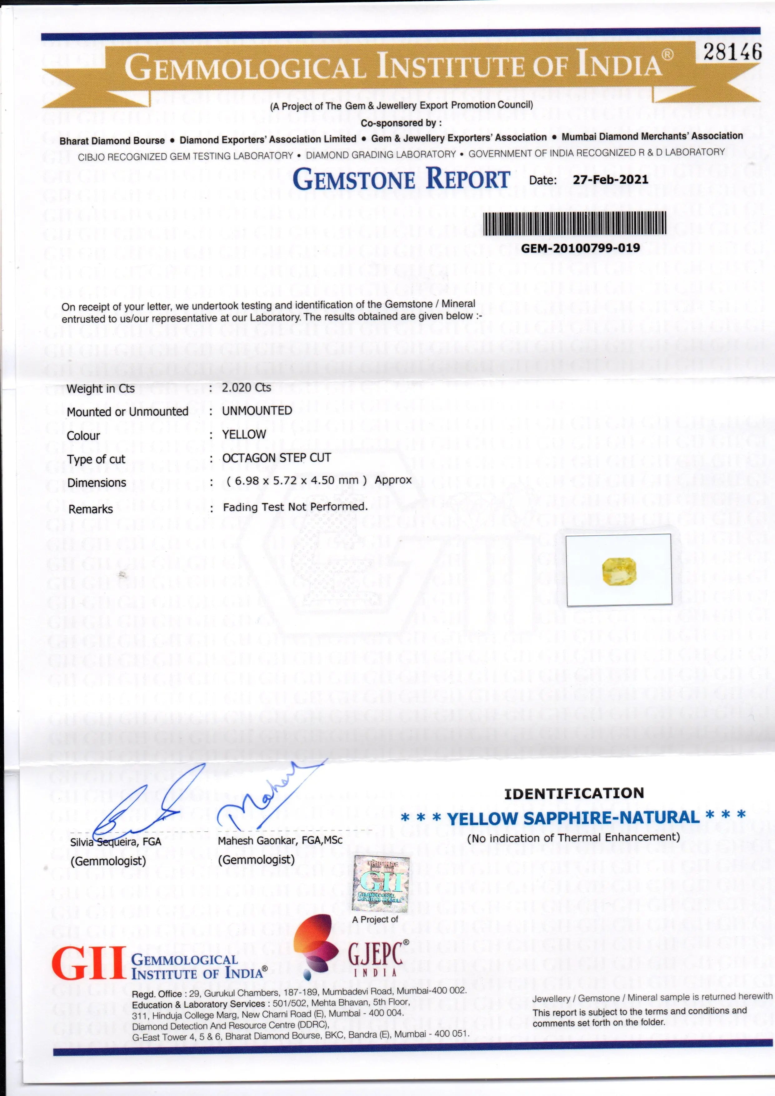 2.02 Ct GII Certified Unheated Untreated Natural Ceylon Yellow Sapphire