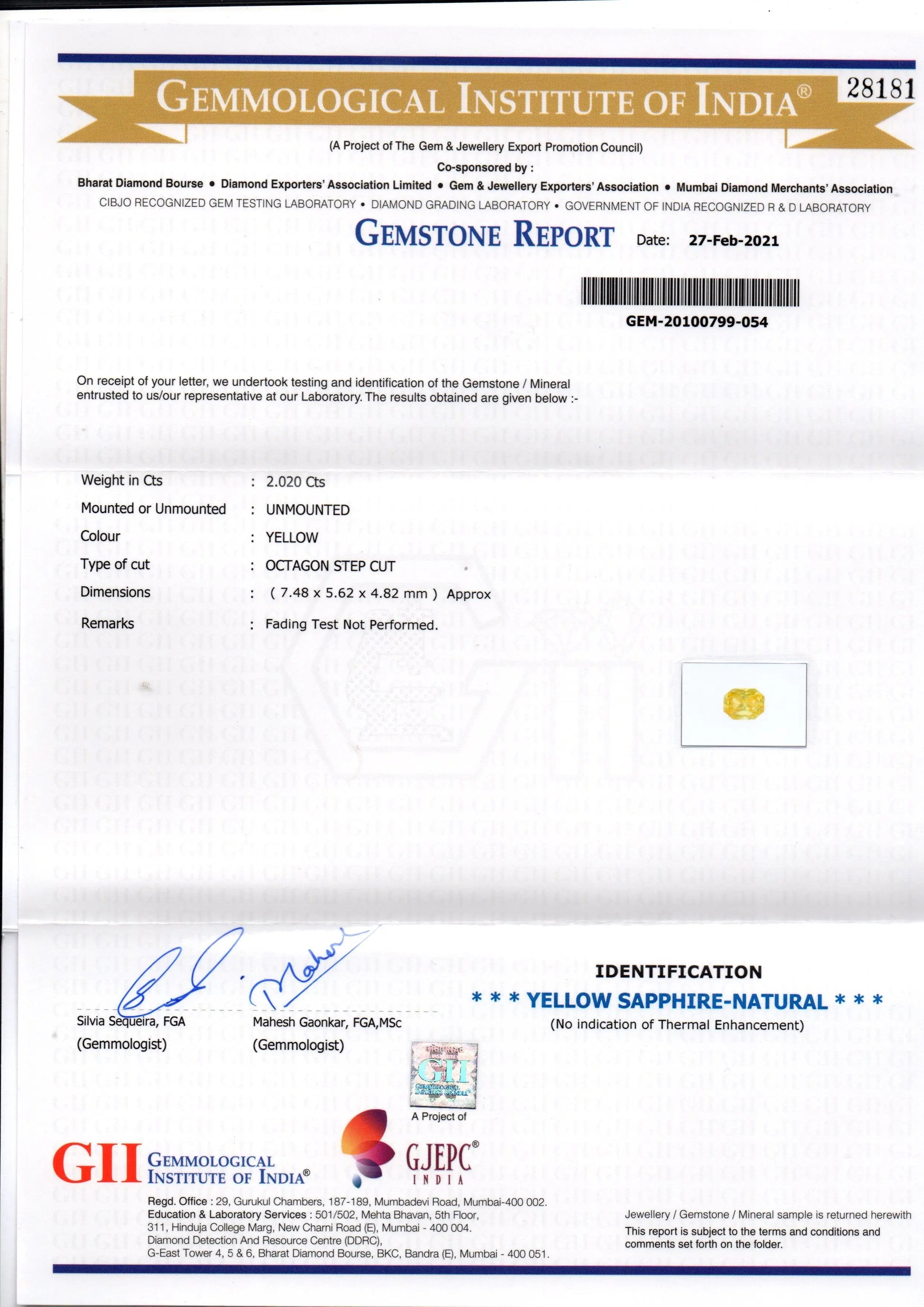 2.02 Ct GII Certified Unheated Untreated Natural Ceylon Yellow Sapphire AA