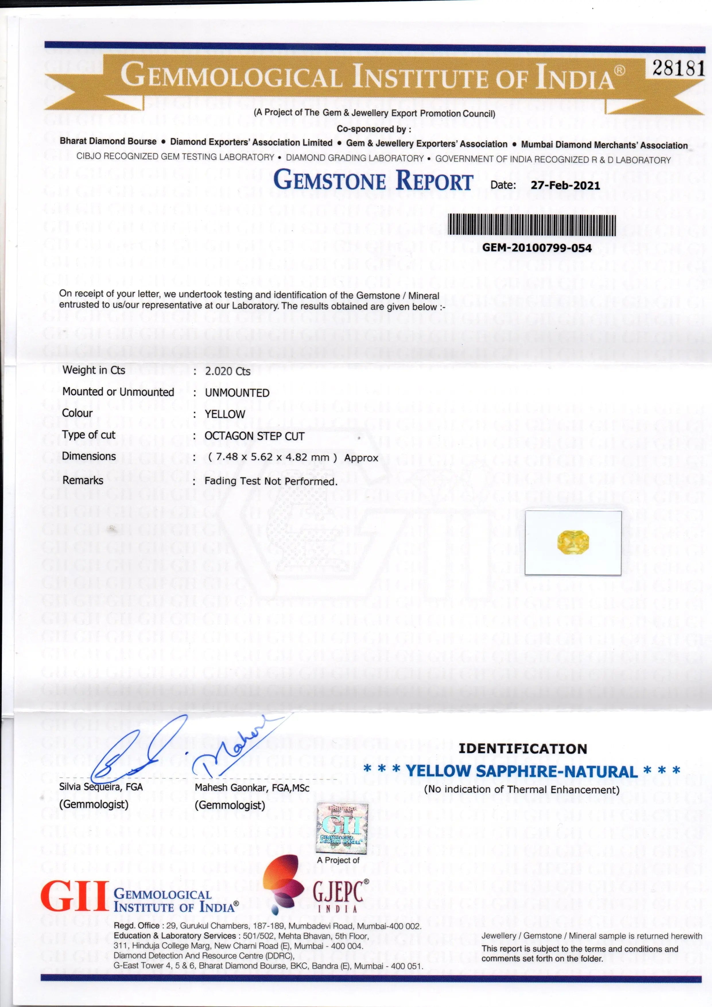 2.02 Ct GII Certified Unheated Untreated Natural Ceylon Yellow Sapphire AA