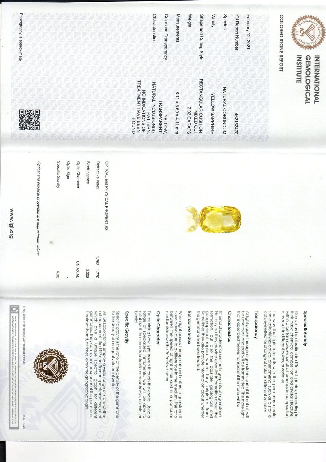 2.02 Ct IGI Certified Unheated Untreated Natural Ceylon Yellow Sapphire