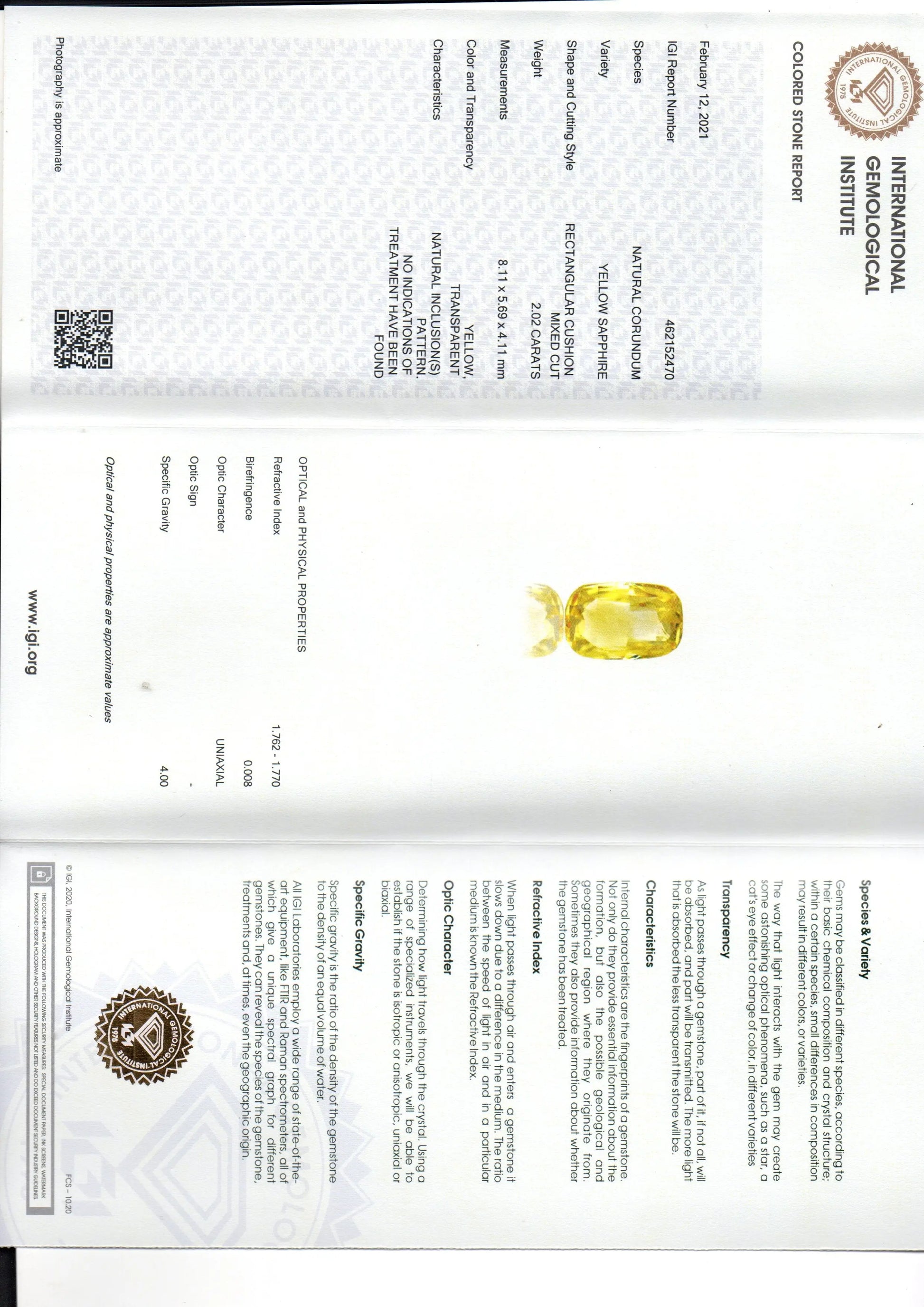 2.02 Ct IGI Certified Unheated Untreated Natural Ceylon Yellow Sapphire