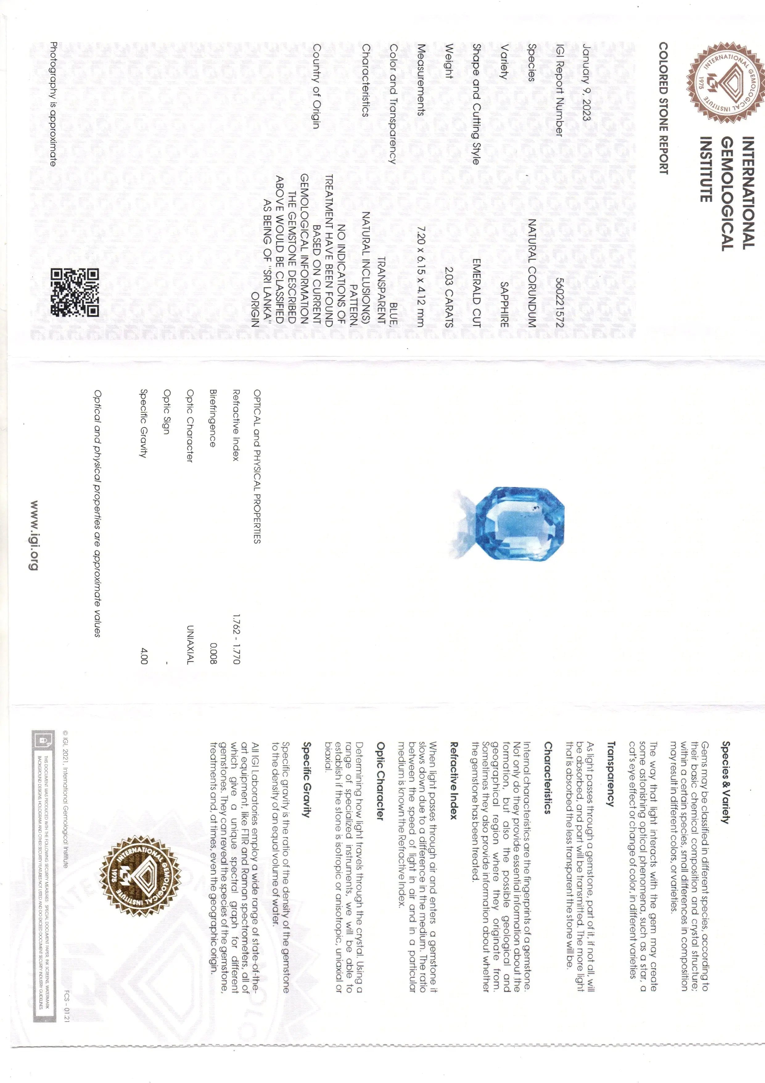 2.03 Ct IGI Certified Unheaated Untreated Natural Ceylon Blue Sapphire AA