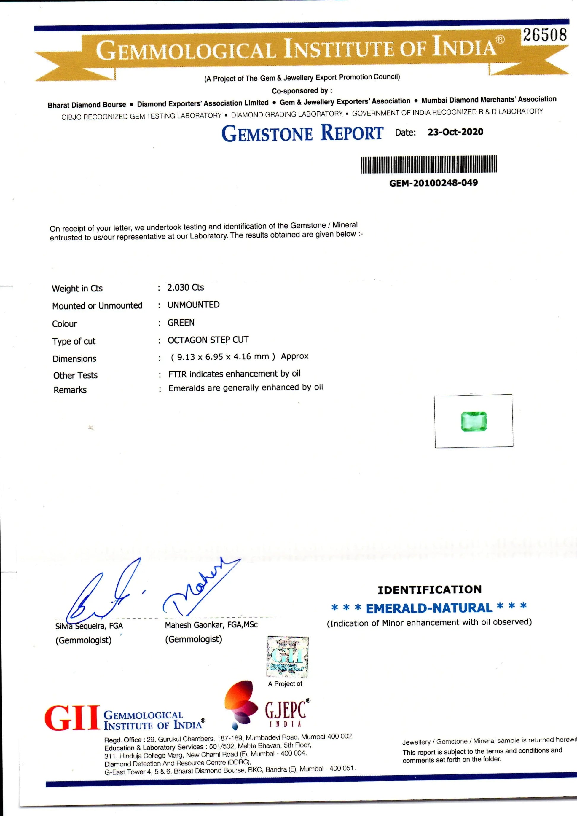 2.03 Ct GII Certified Untreated Natural Zambian Emerald Gems AAAAA
