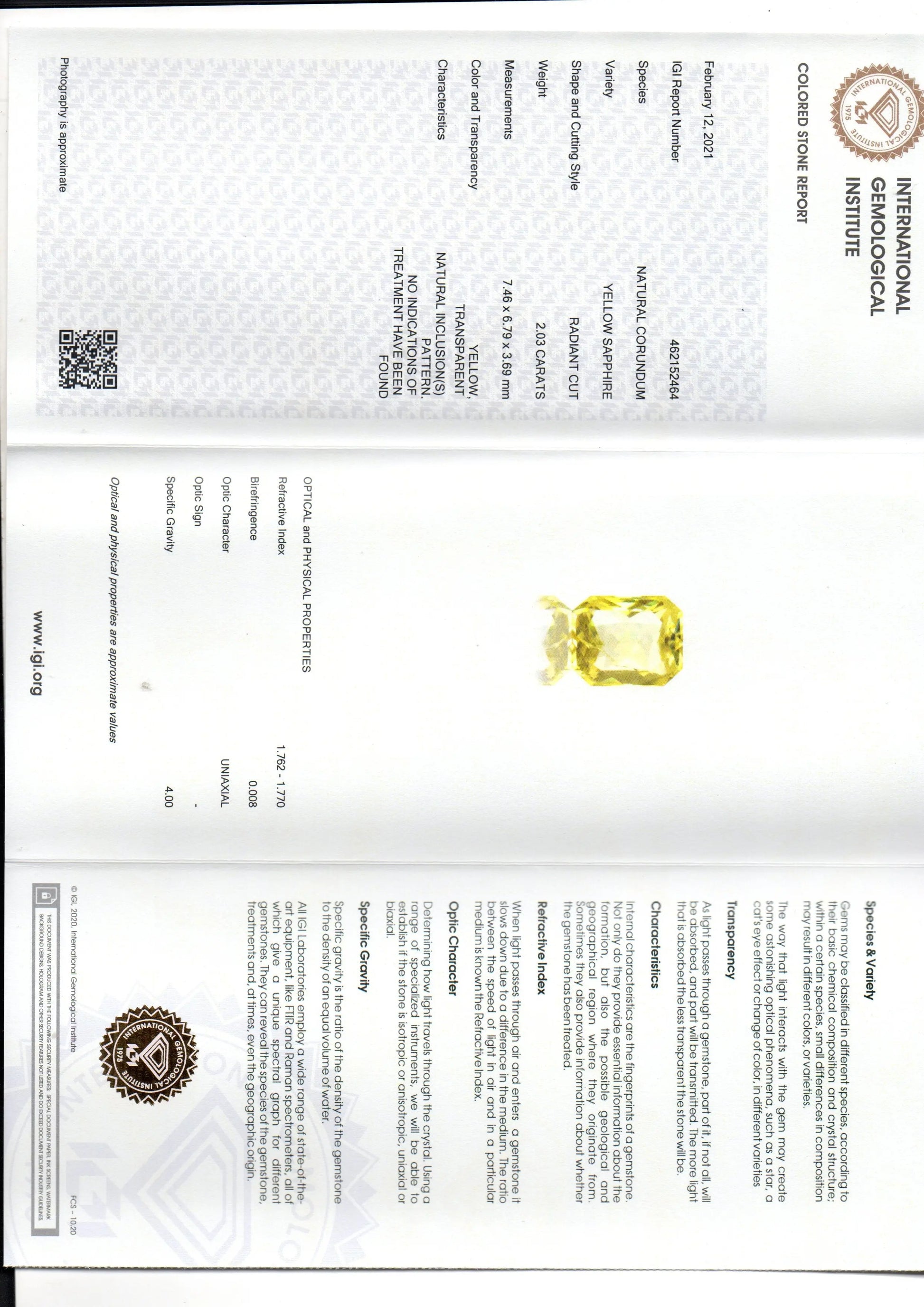 2.03 Ct IGI Certified Unheated Untreated Natural Ceylon Yellow Sapphire