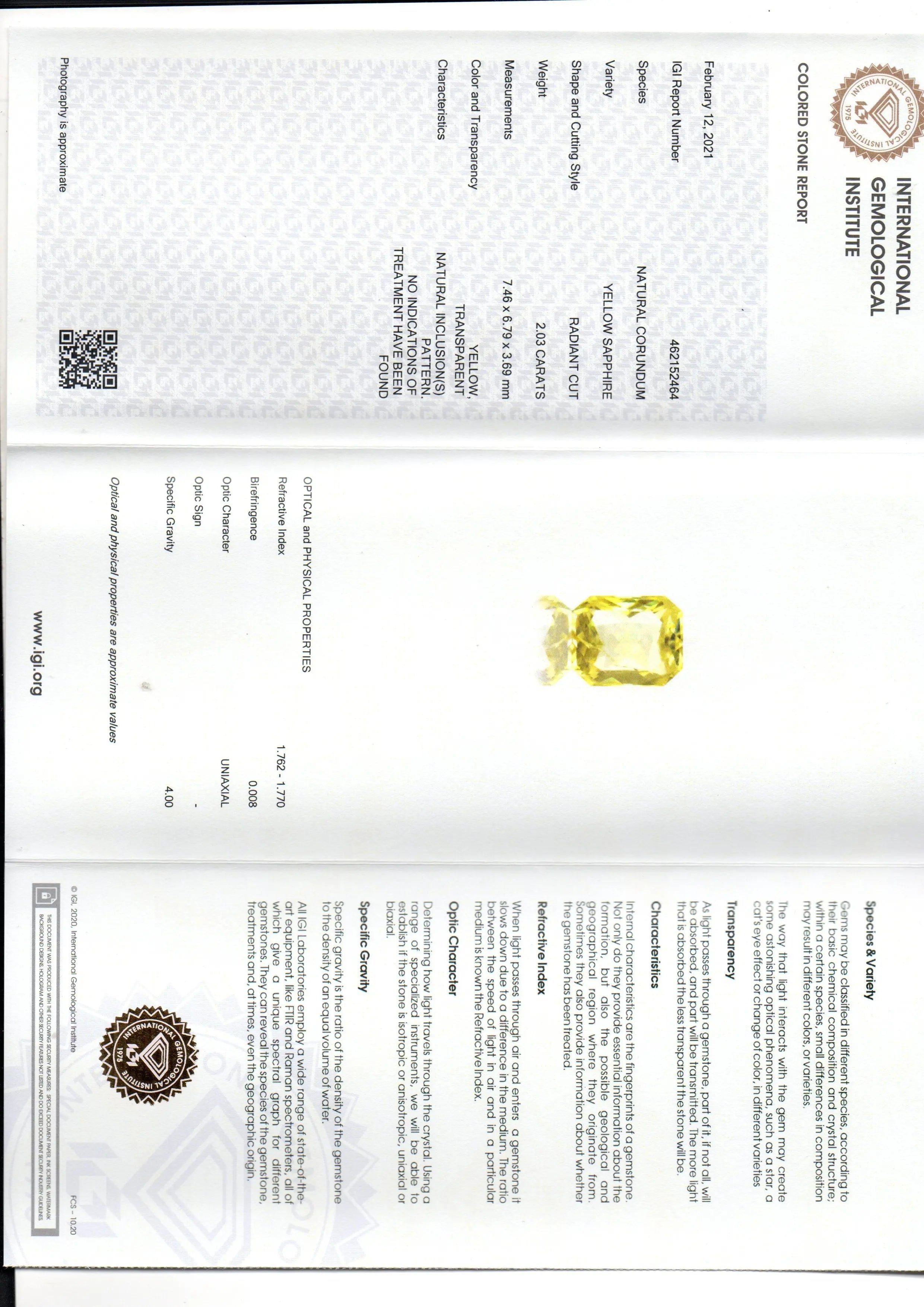 2.03 Ct IGI Certified Unheated Untreated Natural Ceylon Yellow Sapphire