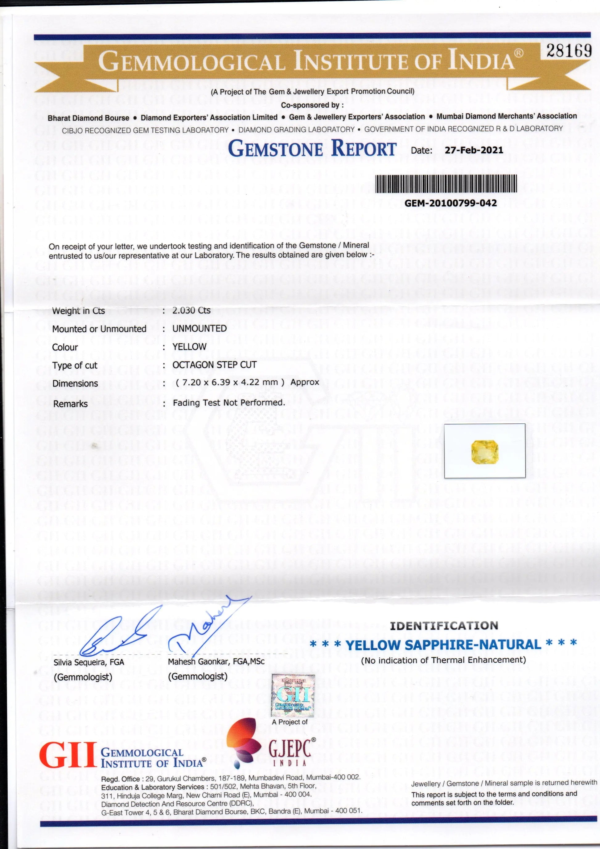 2.03 Ct GII Certified Unheated Untreated Natural Ceylon Yellow Sapphire AAA