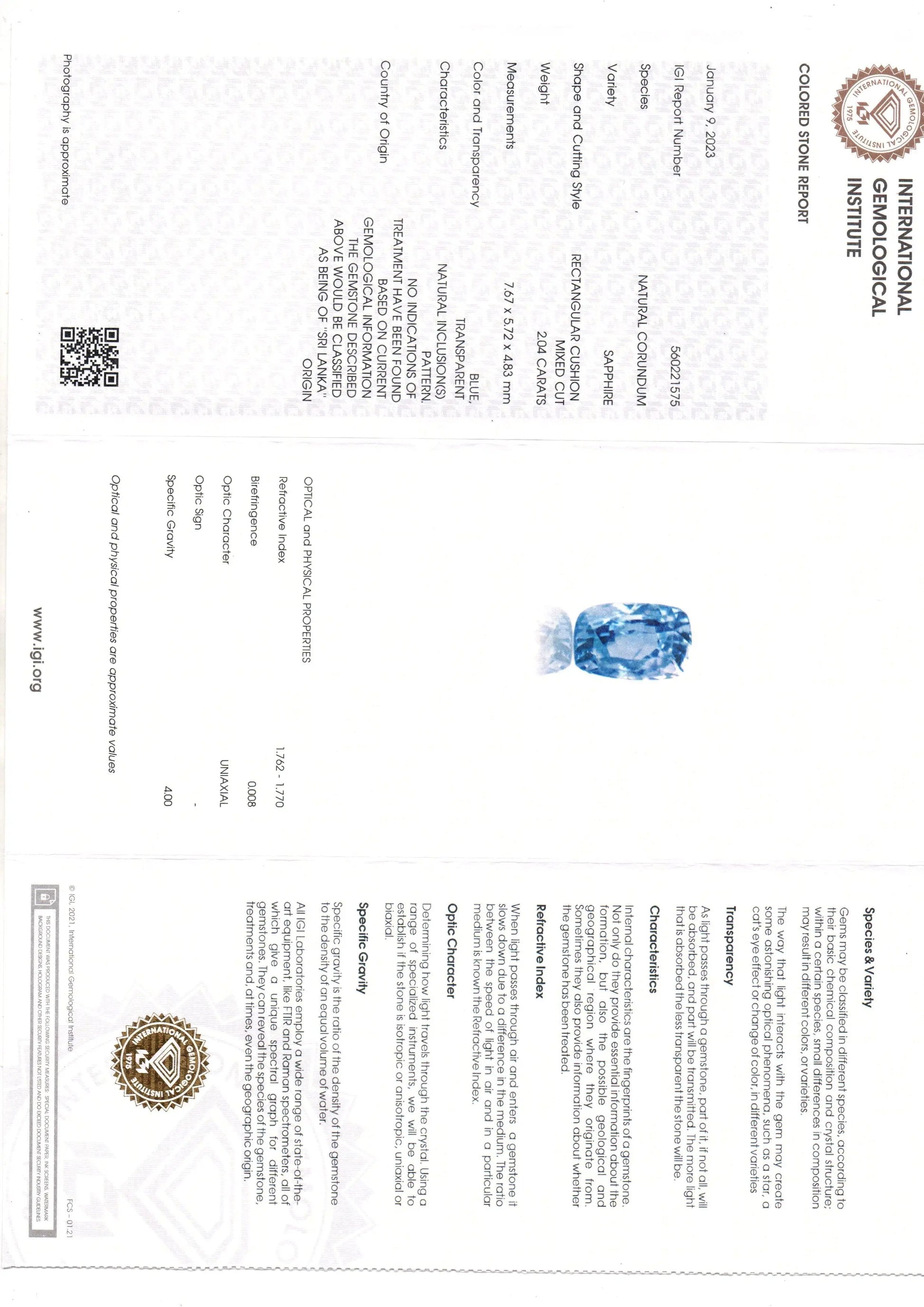2.04 Ct IGI Certified Unheaated Untreated Natural Ceylon Blue Sapphire AA