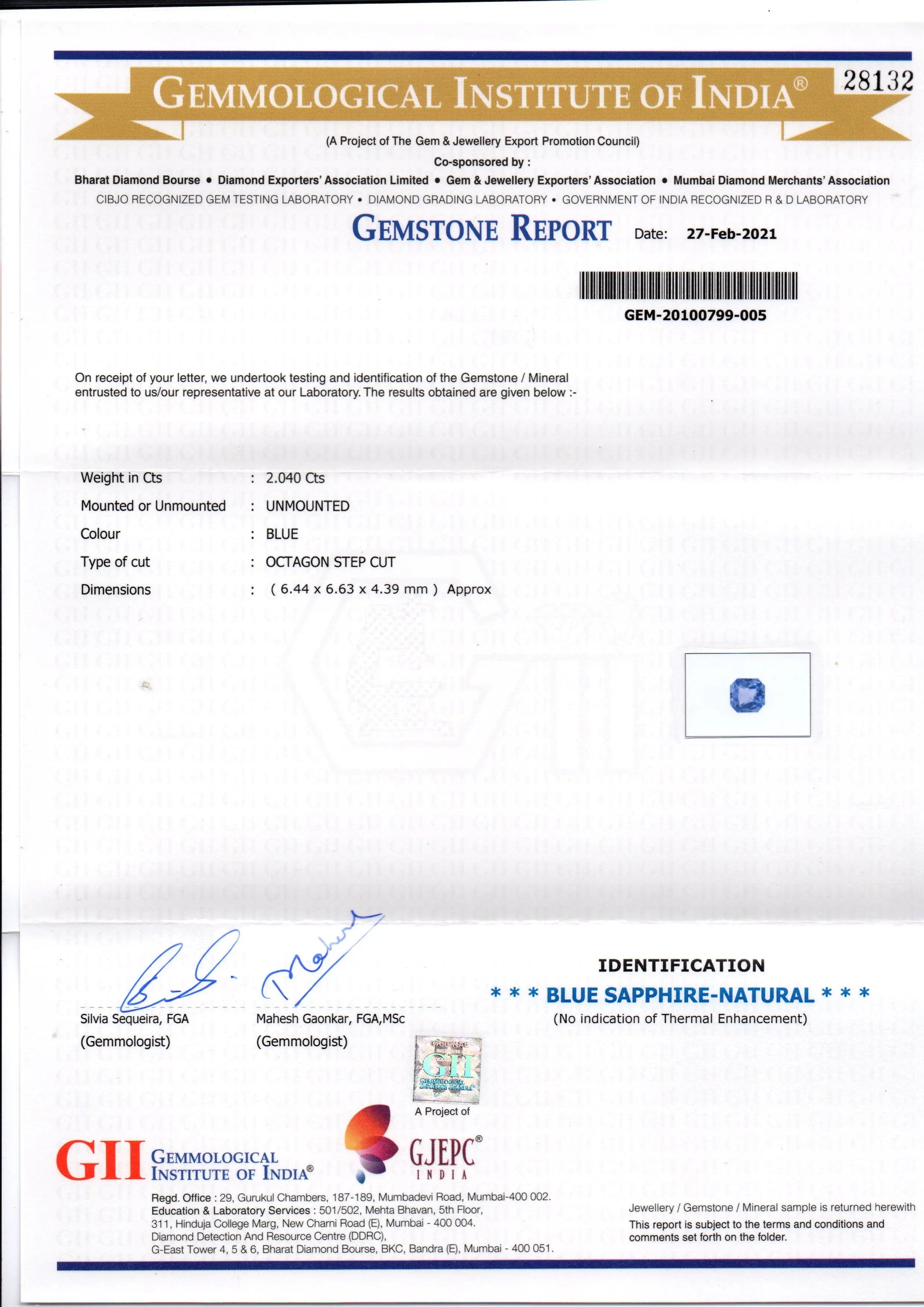 2.04 Ct GII Certified Unheated Untreated Natural Ceylon Blue Sapphire AAA