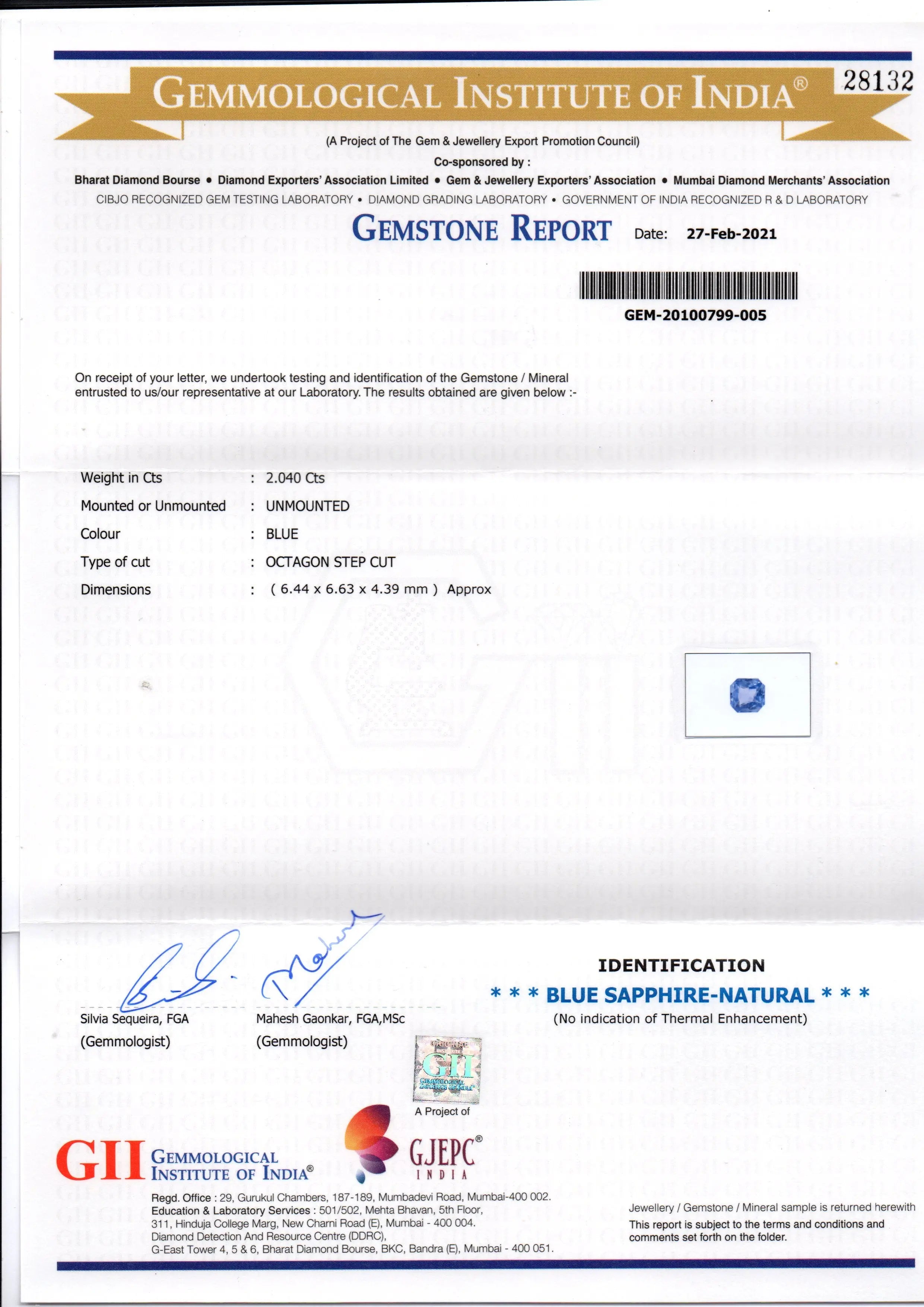 2.04 Ct GII Certified Unheated Untreated Natural Ceylon Blue Sapphire AAA