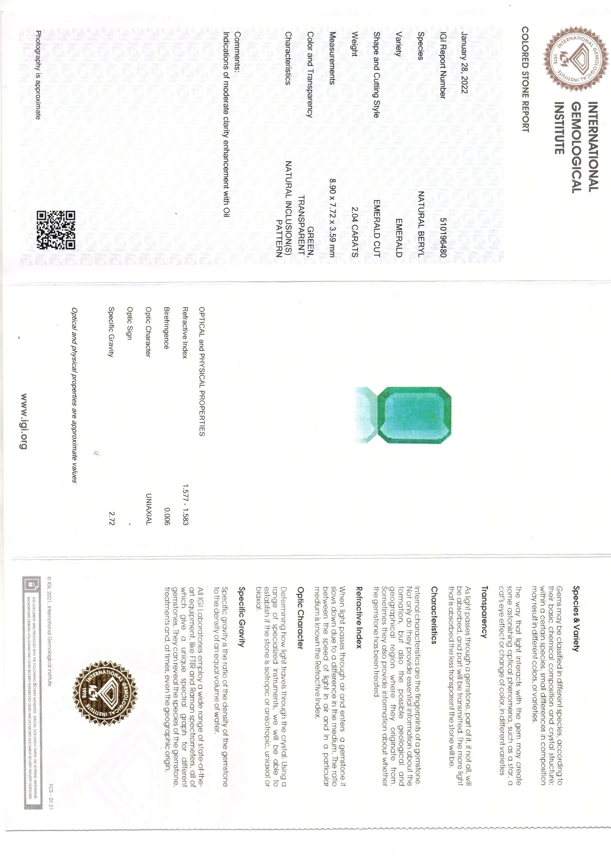 2.04 Ct IGI Certified Untreated Natural Zambian Emerald Gemstone AAA
