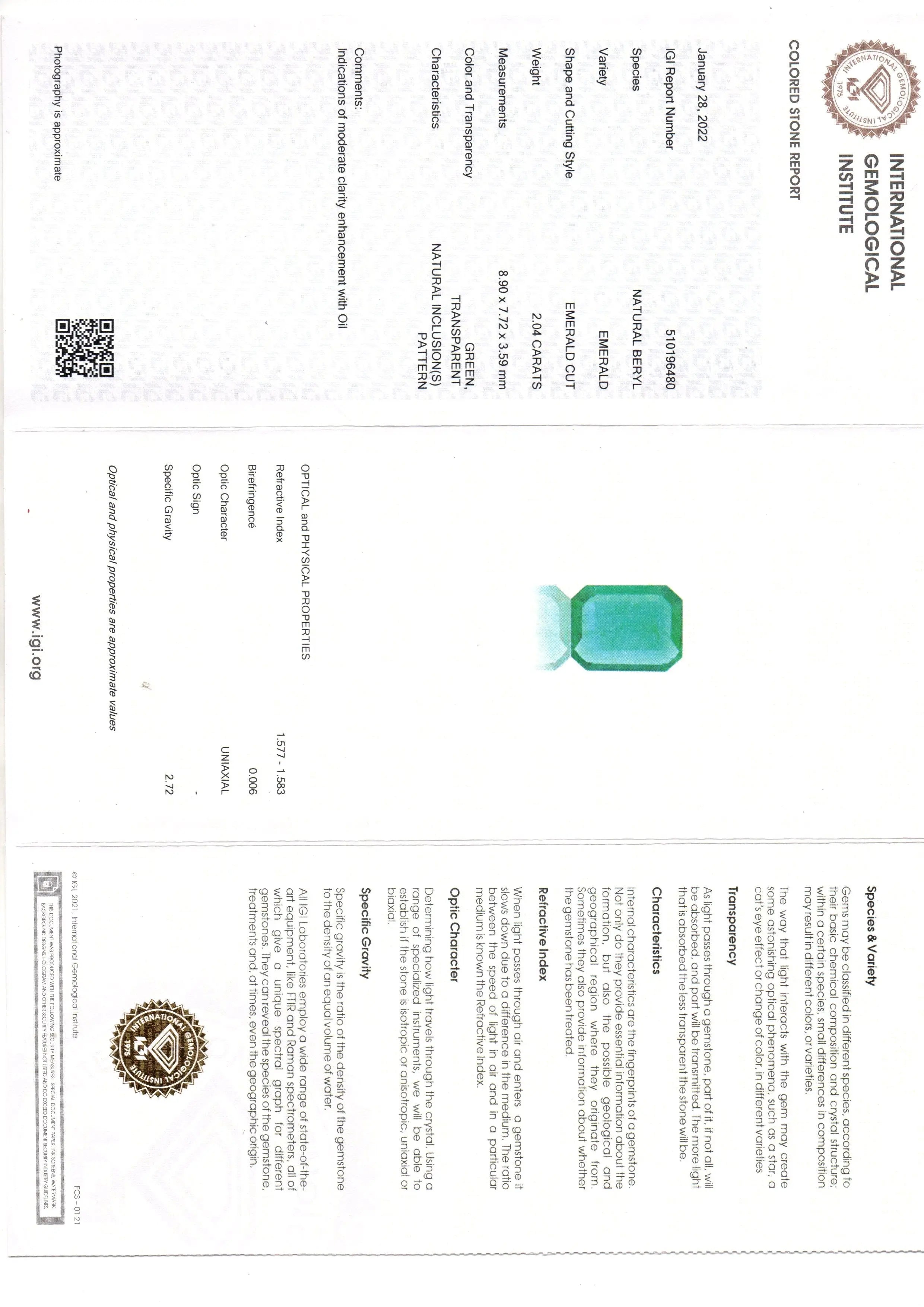 2.04 Ct IGI Certified Untreated Natural Zambian Emerald Gemstone AAA