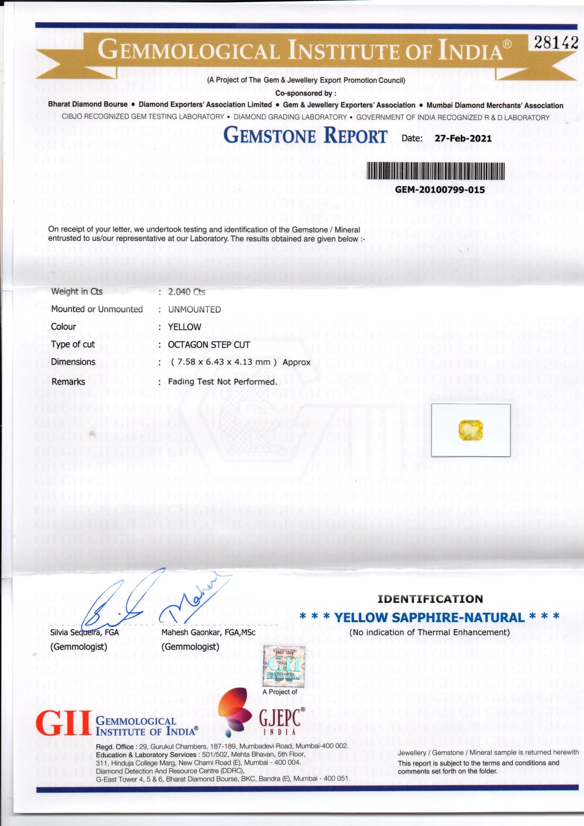 2.04 Ct GII Certified Unheated Untreated Natural Ceylon Yellow Sapphire AAA