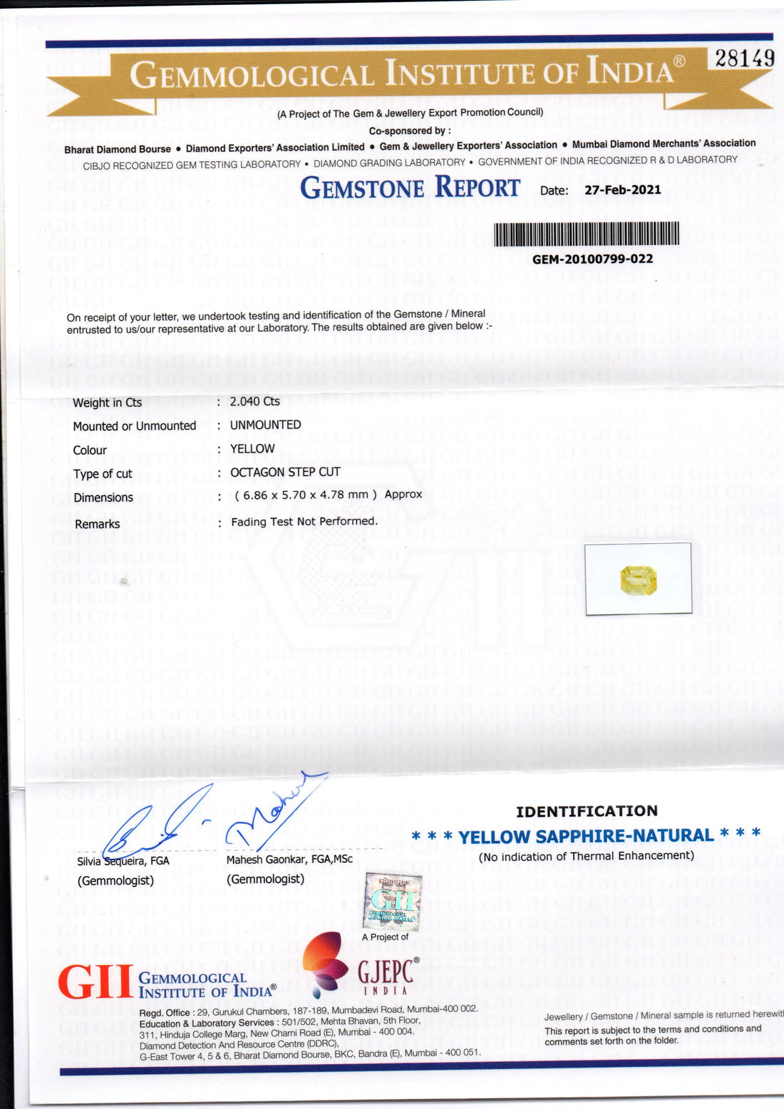 2.04 Ct GII Certified Unheated Untreated Natural Ceylon Yellow Sapphire AA