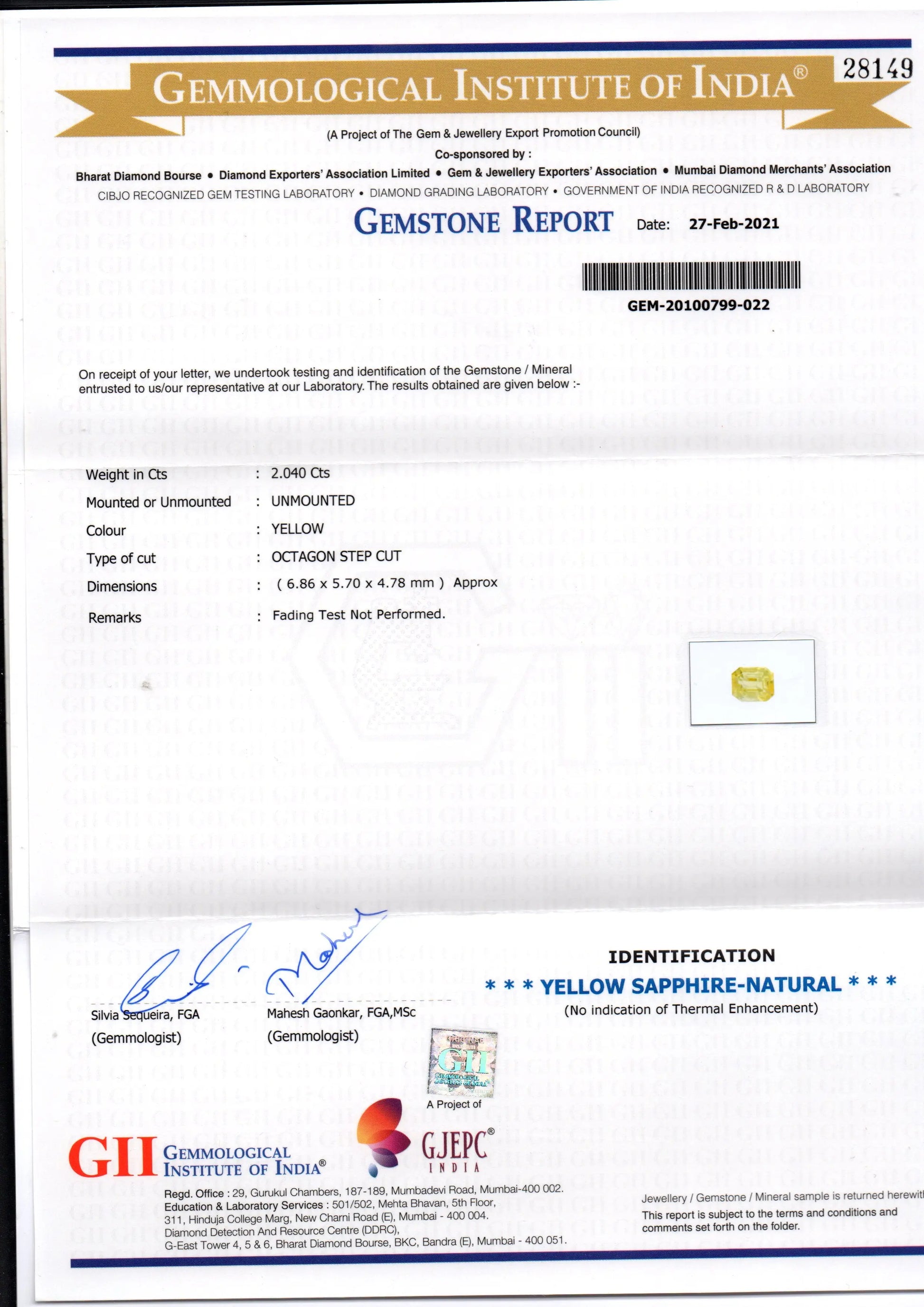 2.04 Ct GII Certified Unheated Untreated Natural Ceylon Yellow Sapphire AA