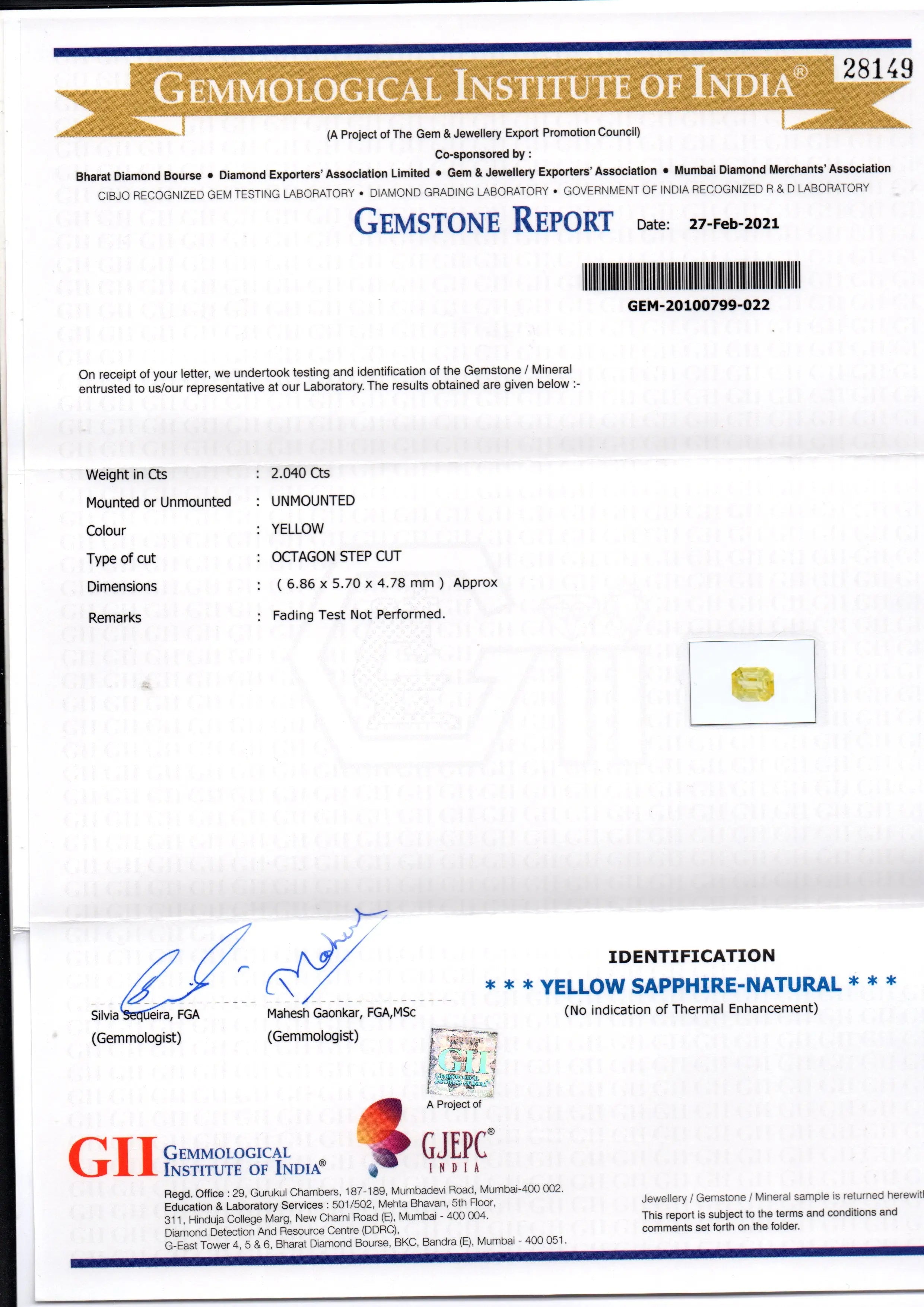 2.04 Ct GII Certified Unheated Untreated Natural Ceylon Yellow Sapphire AA