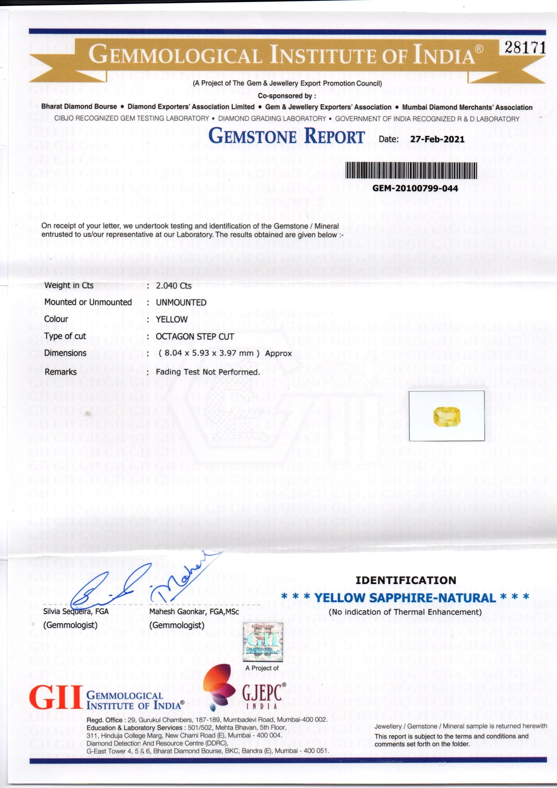 2.04 Ct GII Certified Unheated Untreated Natural Ceylon Yellow Sapphire AAA