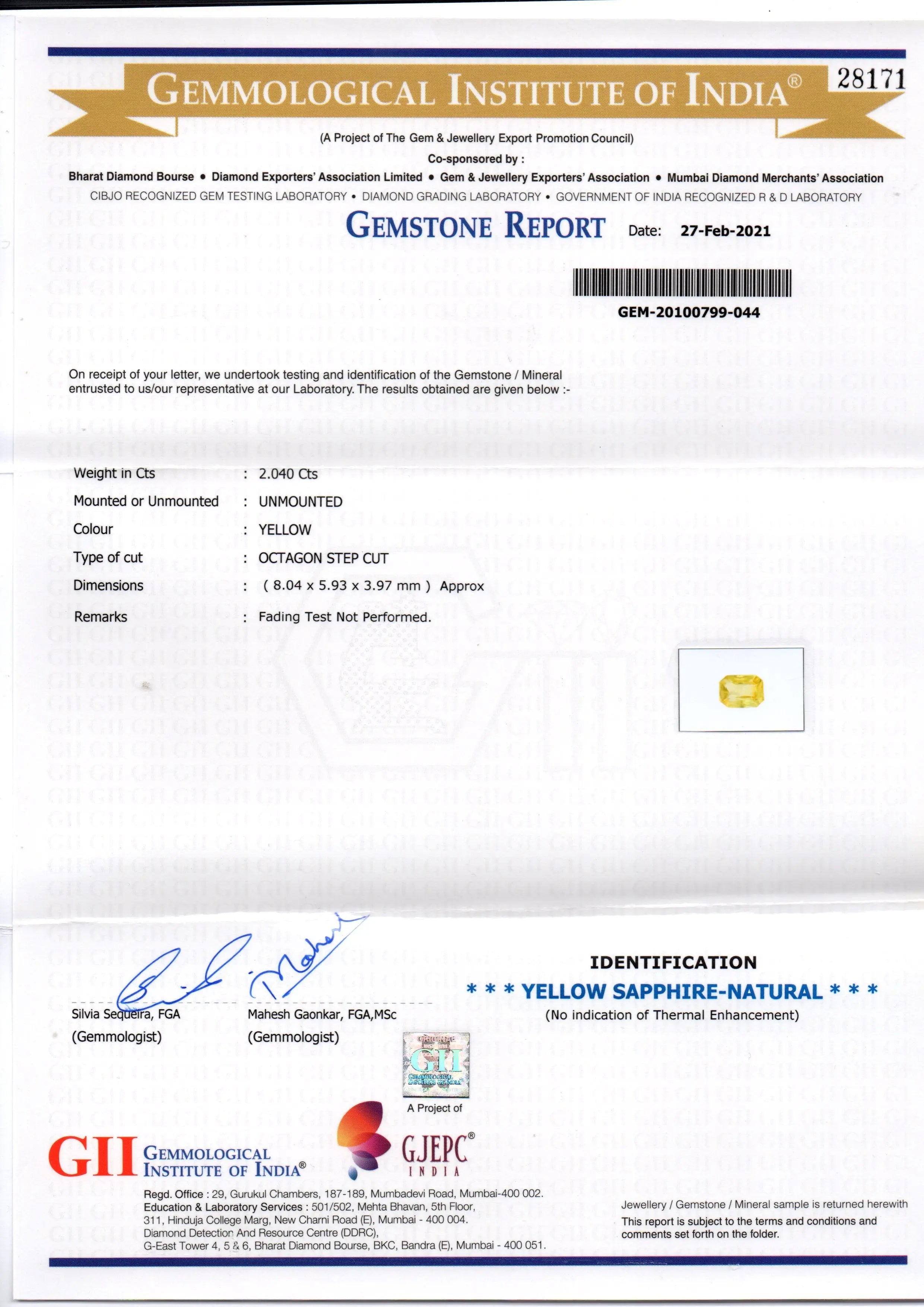 2.04 Ct GII Certified Unheated Untreated Natural Ceylon Yellow Sapphire AAA
