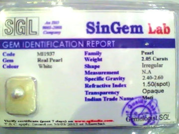 2.05 Ct Certified Natural Venunjula Real Pearl/Real Moti