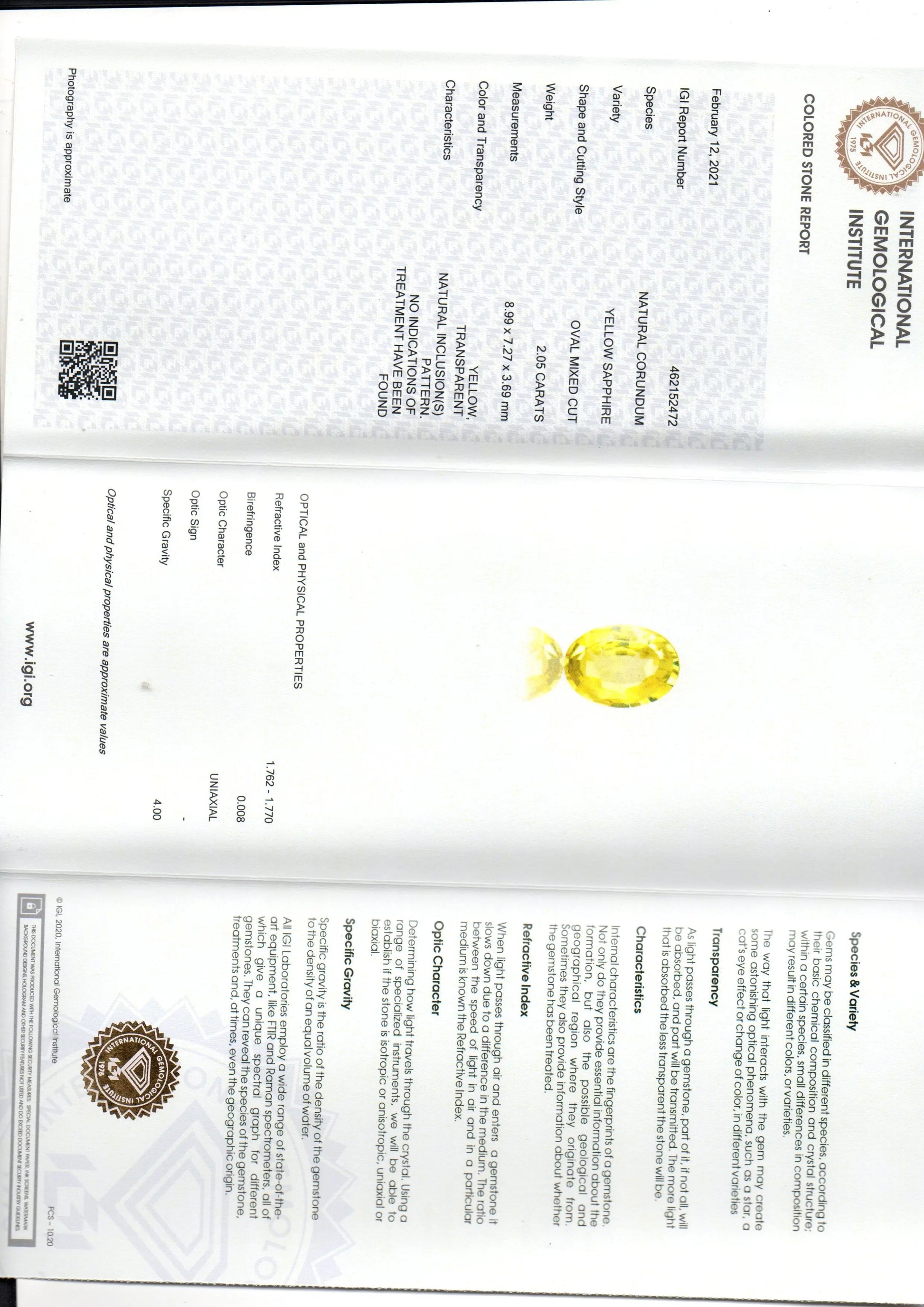 2.05 Ct IGI Certified Unheated Untreated Natural Ceylon Yellow Sapphire
