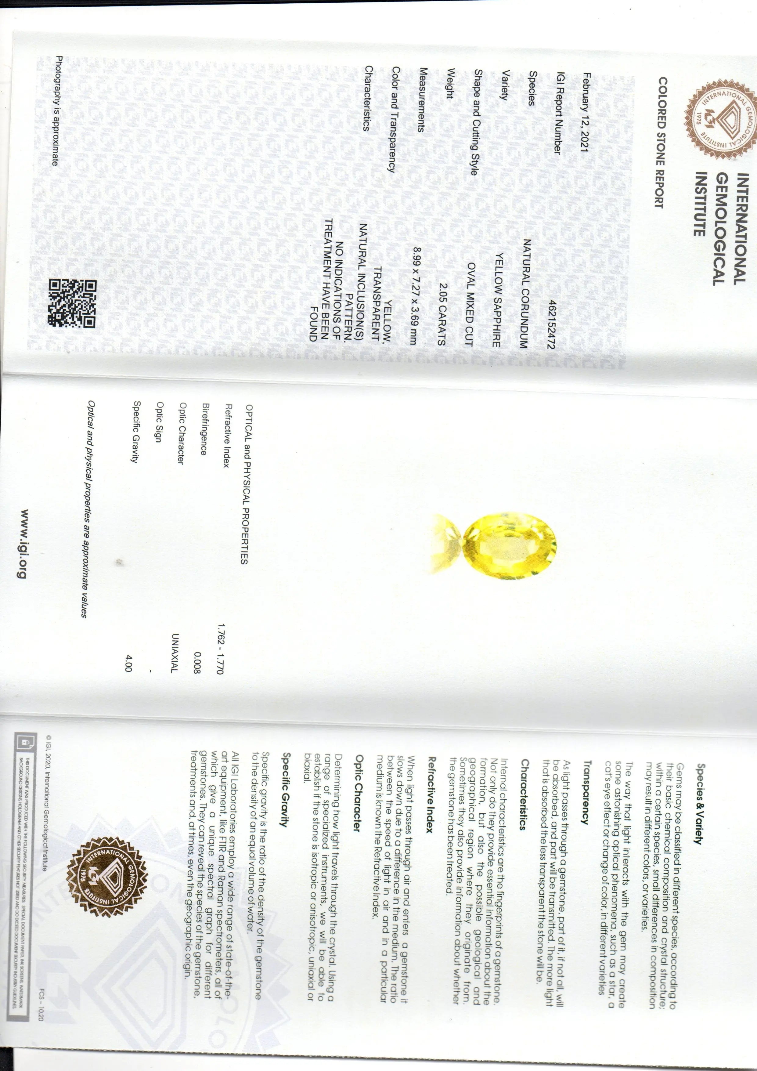 2.05 Ct IGI Certified Unheated Untreated Natural Ceylon Yellow Sapphire