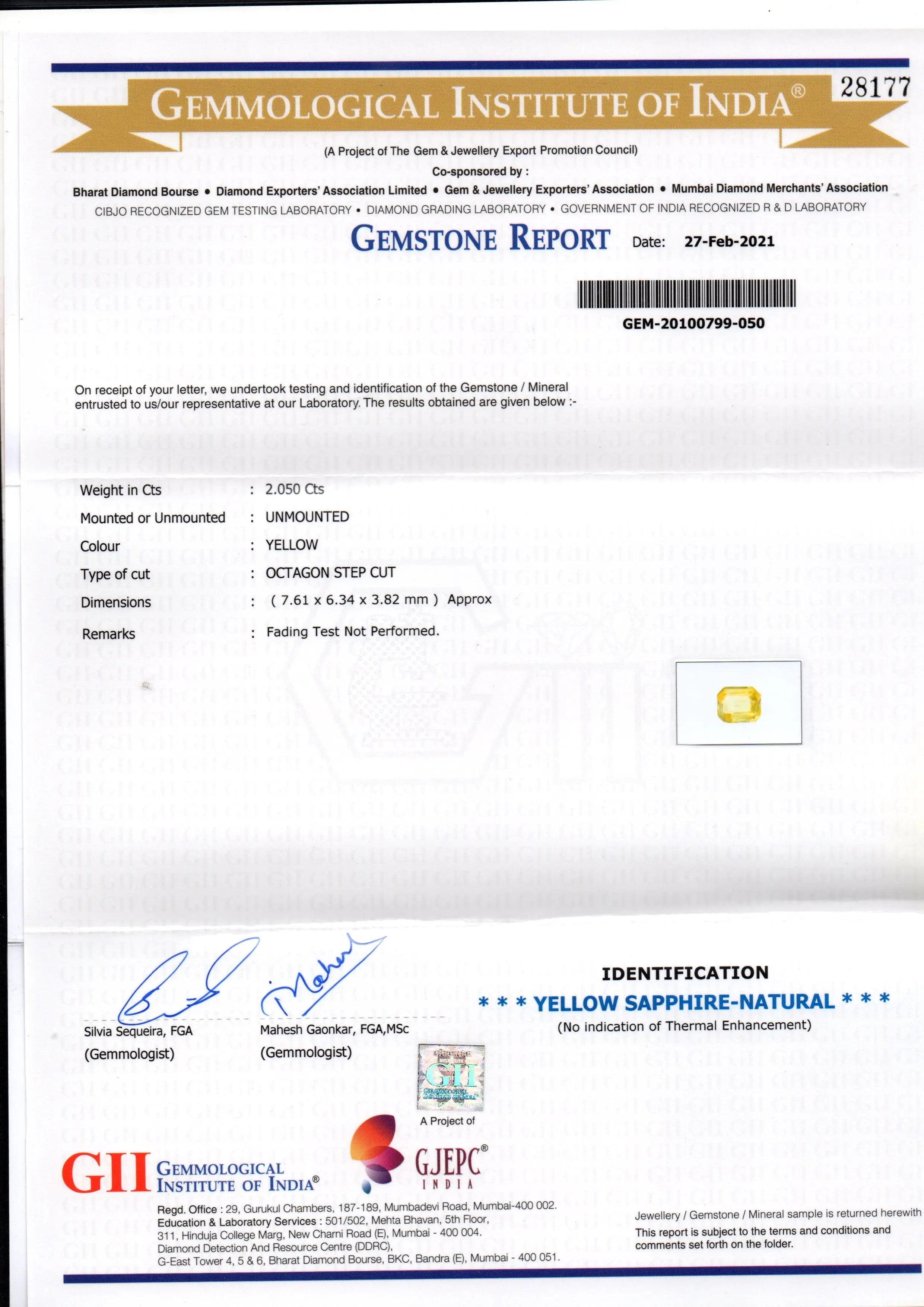 2.05 Ct GII Certified Unheated Untreated Natural Ceylon Yellow Sapphire AAA