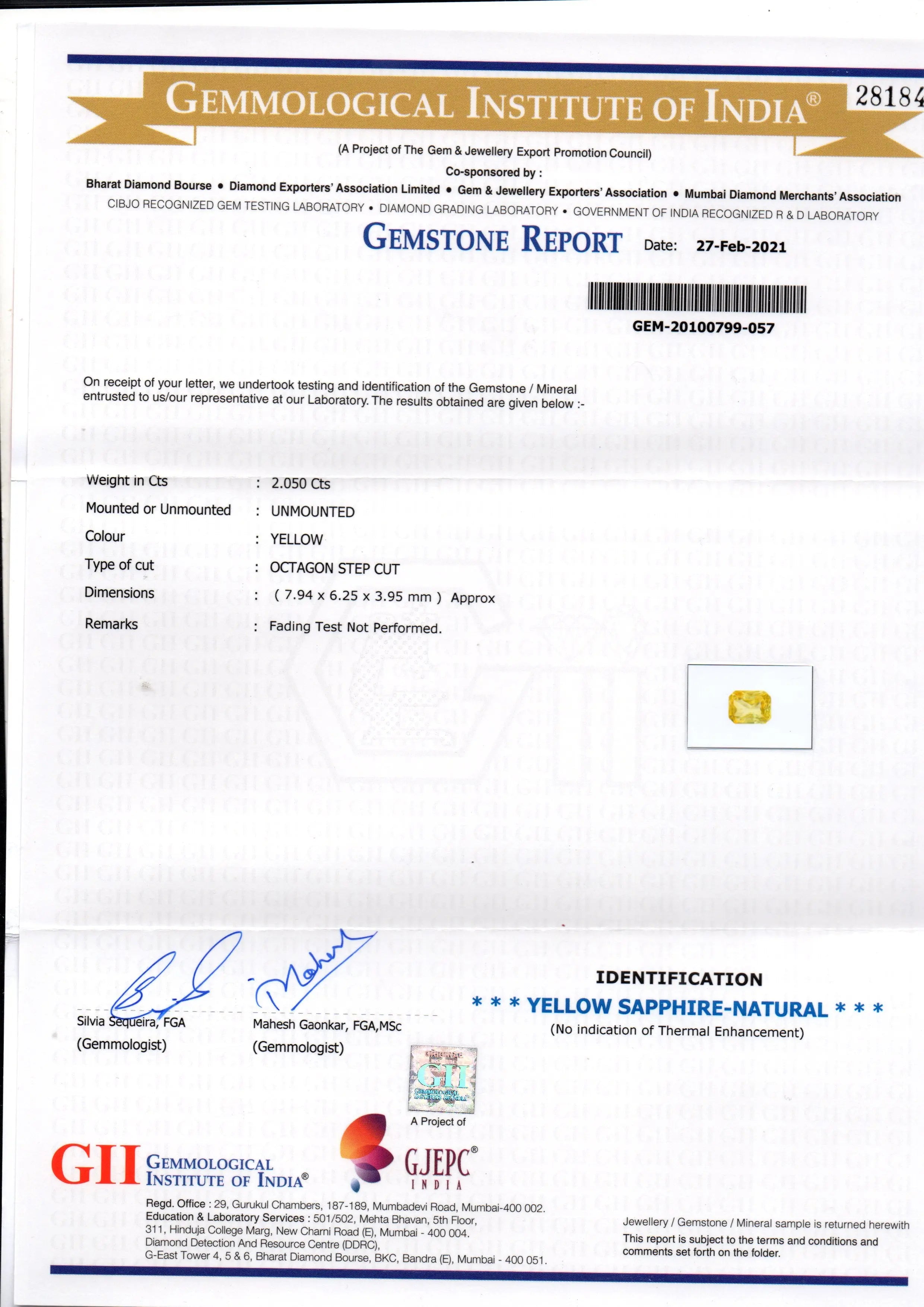 2.05 Ct GII Certified Unheated Untreated Natural Ceylon Yellow Sapphire AA
