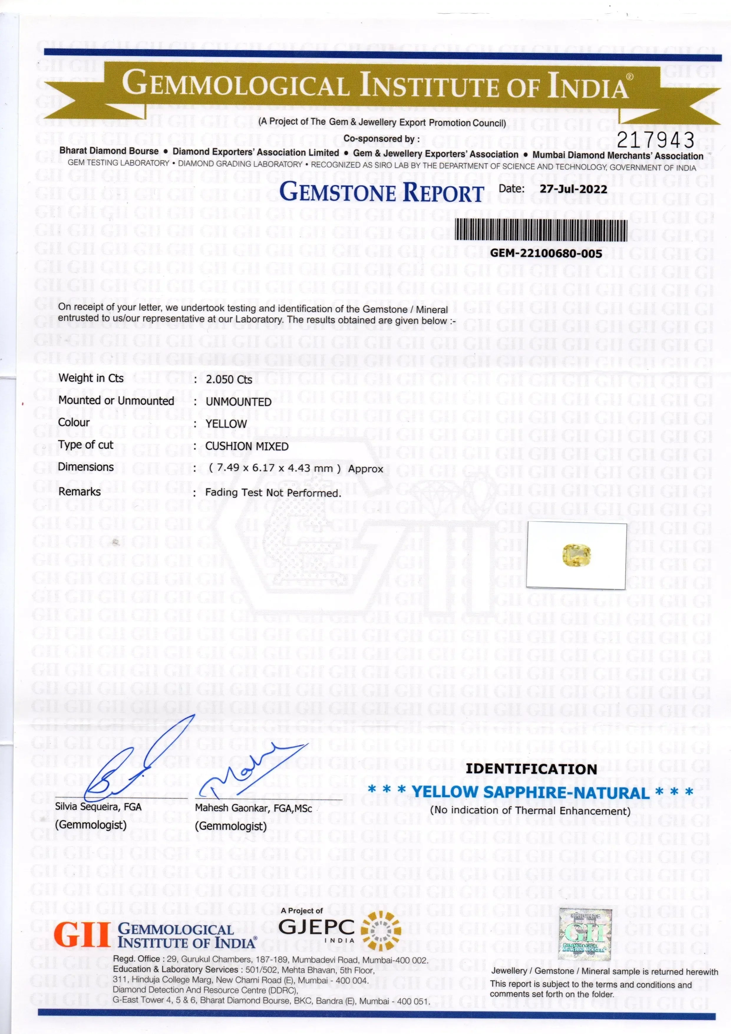 2.05 Ct GII Certified Unheated Untreated Natural Ceylon Yellow Sapphire - Venus Gems