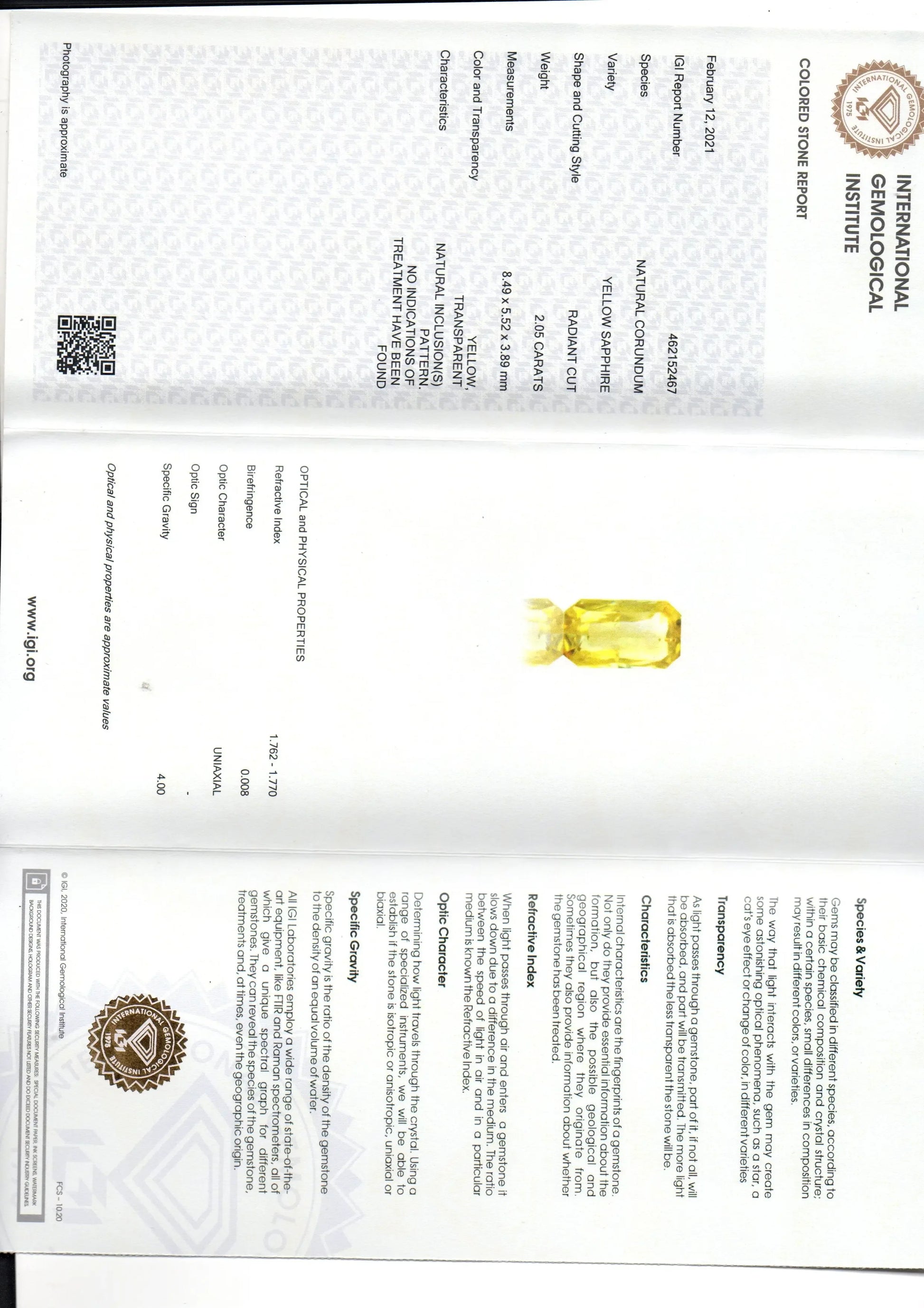 2.05 Ct IGI Certified Unheated Untreated Natural Ceylon Yellow Sapphire - Venus Gems