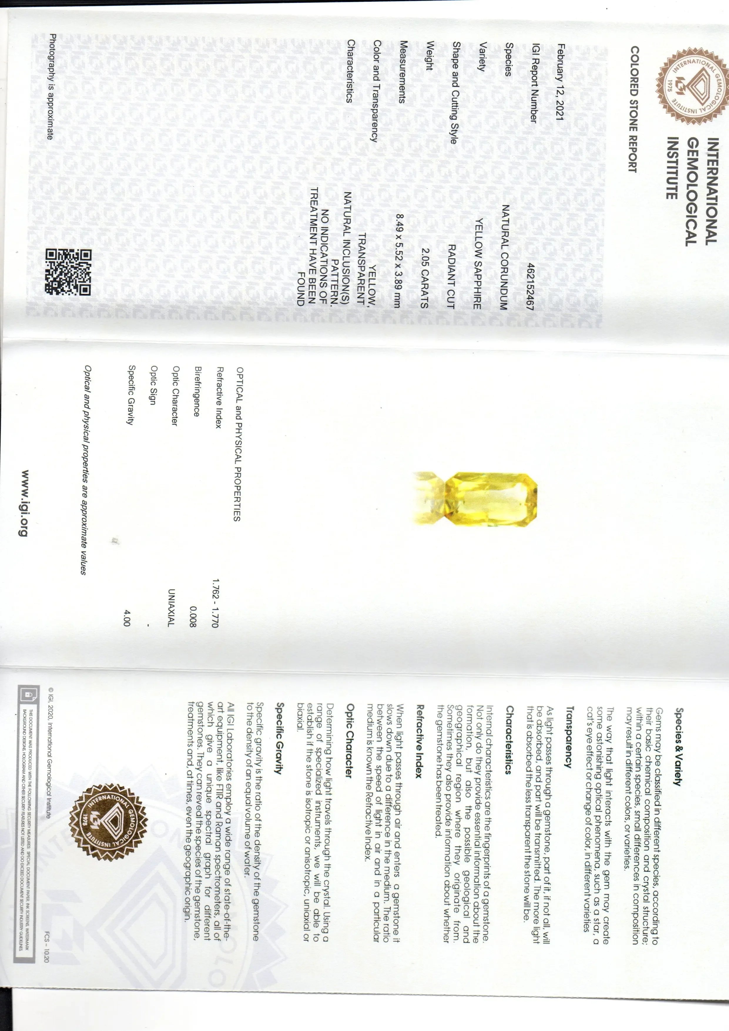 2.05 Ct IGI Certified Unheated Untreated Natural Ceylon Yellow Sapphire - Venus Gems