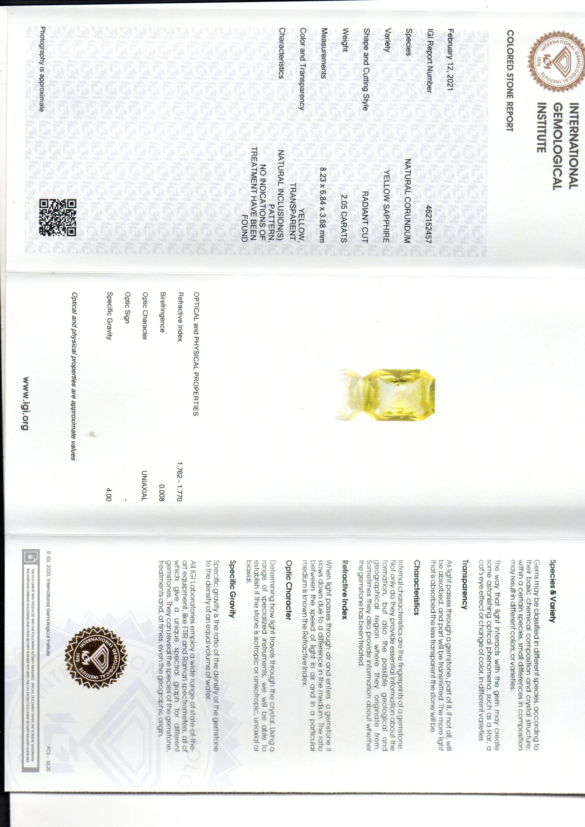 2.05 Ct IGI Certified Unheated Untreated Natural Ceylon Yellow Sapphire