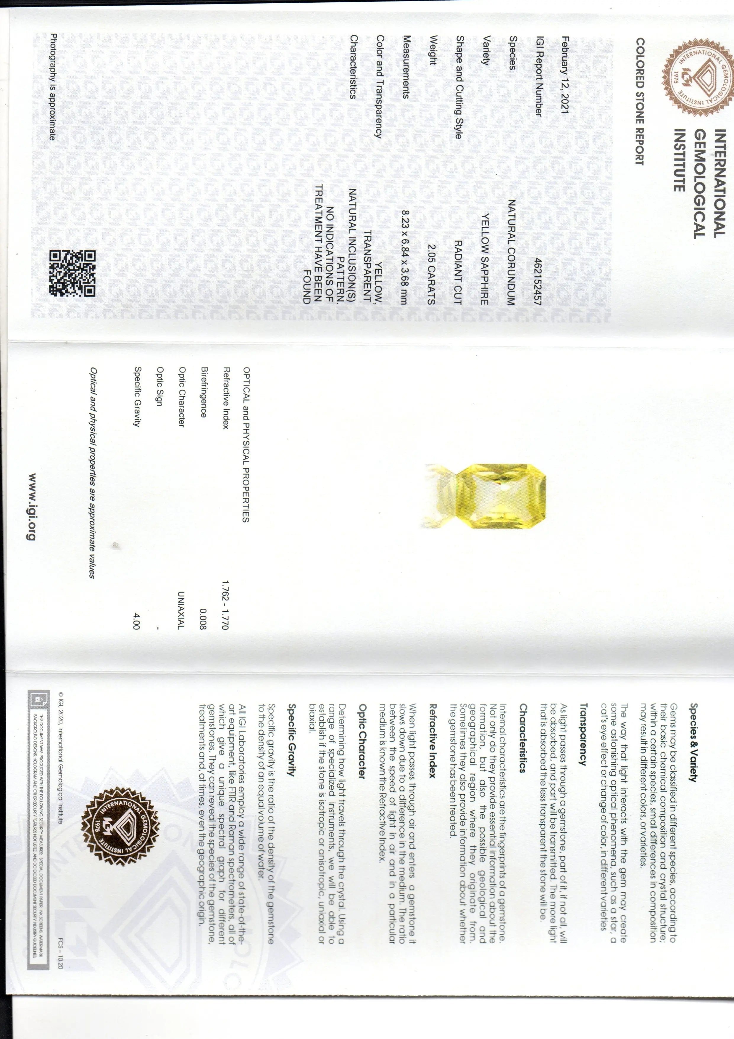 2.05 Ct IGI Certified Unheated Untreated Natural Ceylon Yellow Sapphire