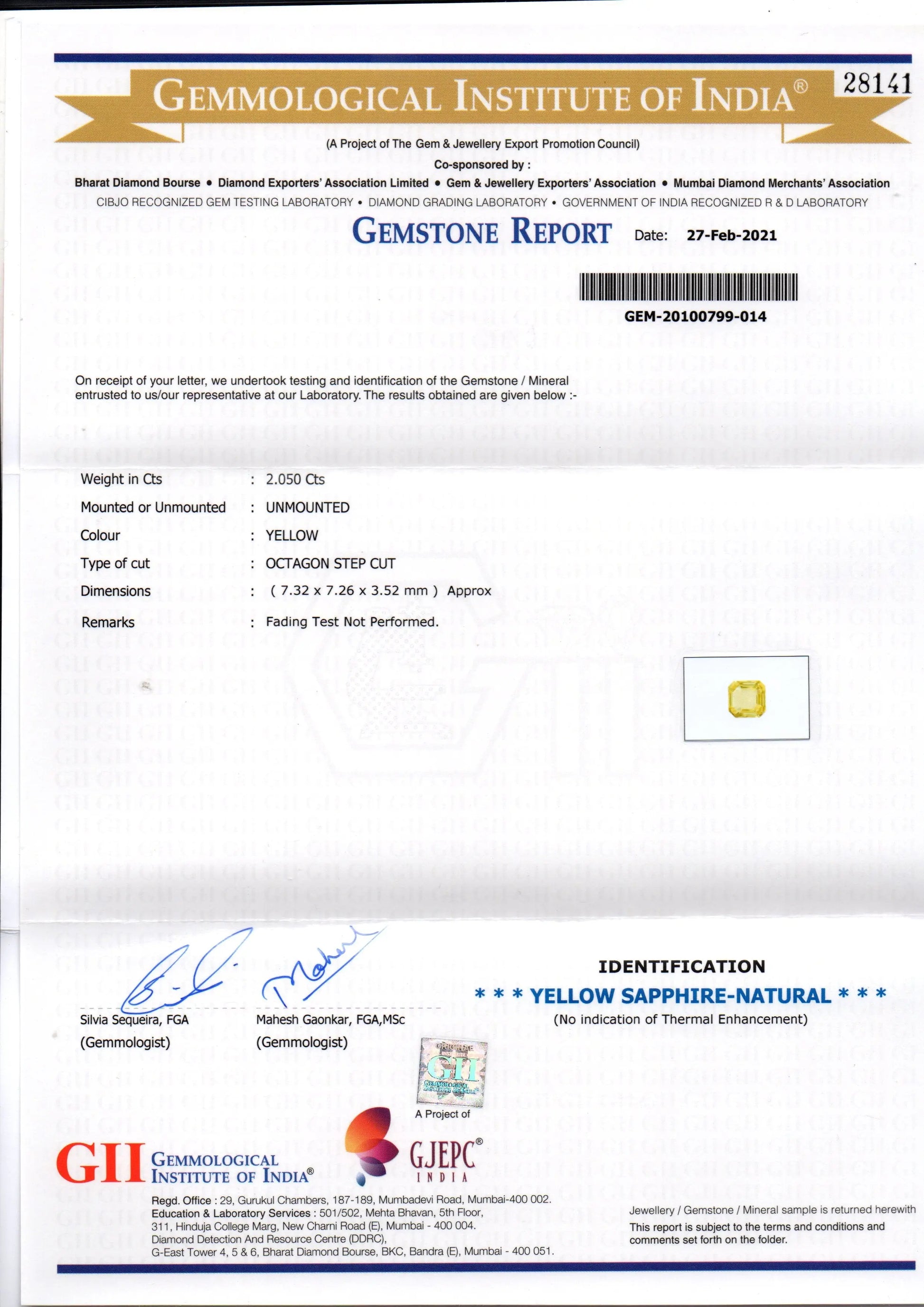2.05 Ct GII Certified Unheated Untreated Natural Ceylon Yellow Sapphire AAA