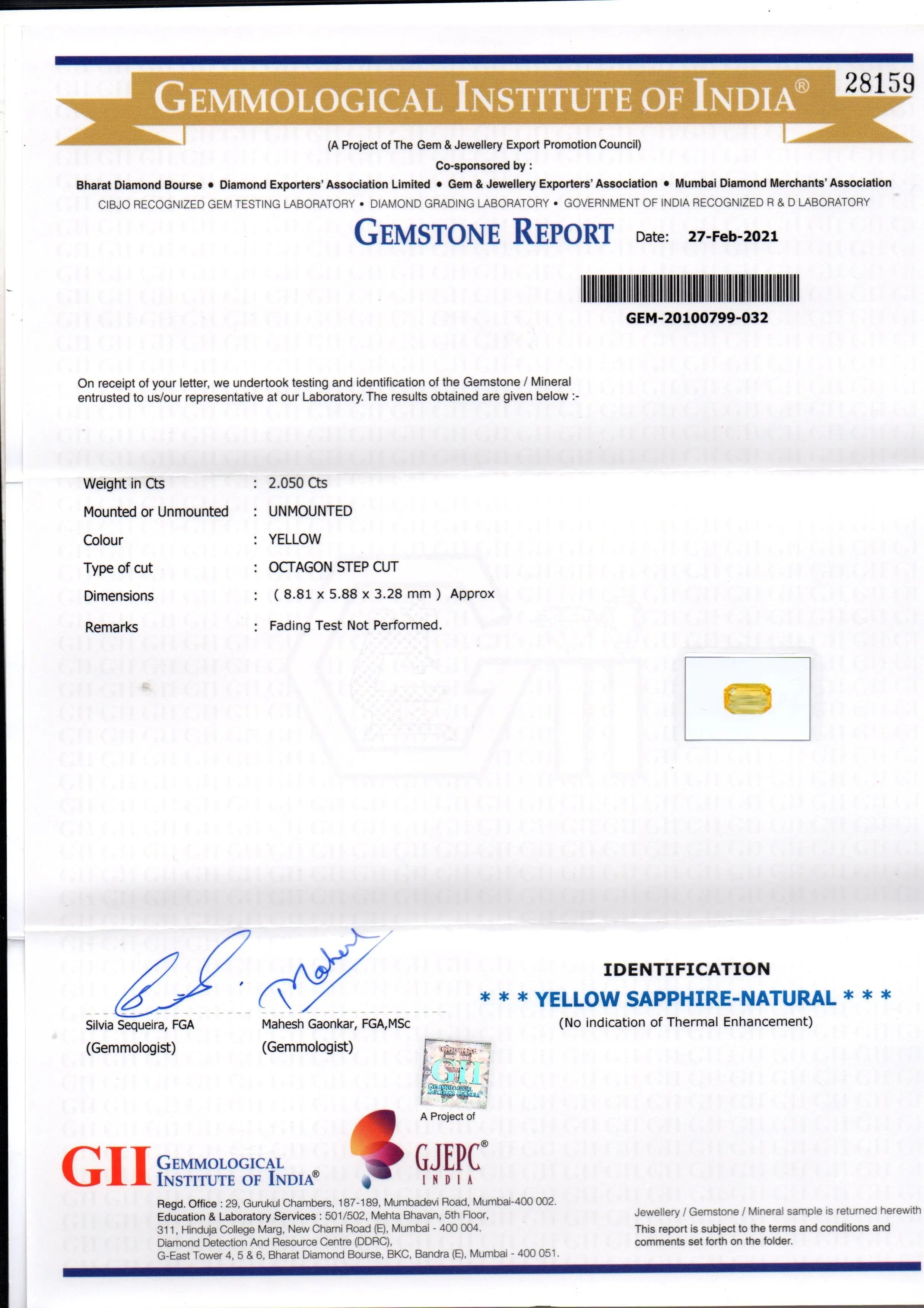 2.05 Ct GII Certified Unheated Untreated Natural Ceylon Yellow Sapphire AAA