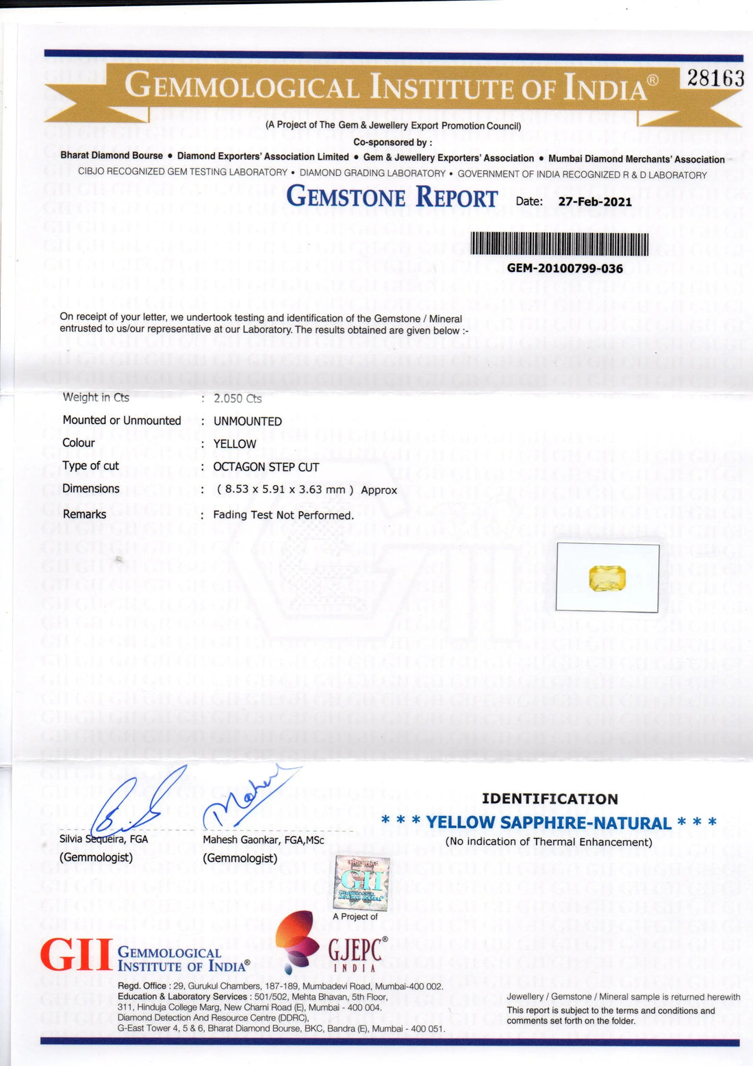 2.05 Ct GII Certified Unheated Untreated Natural Ceylon Yellow Sapphire AA